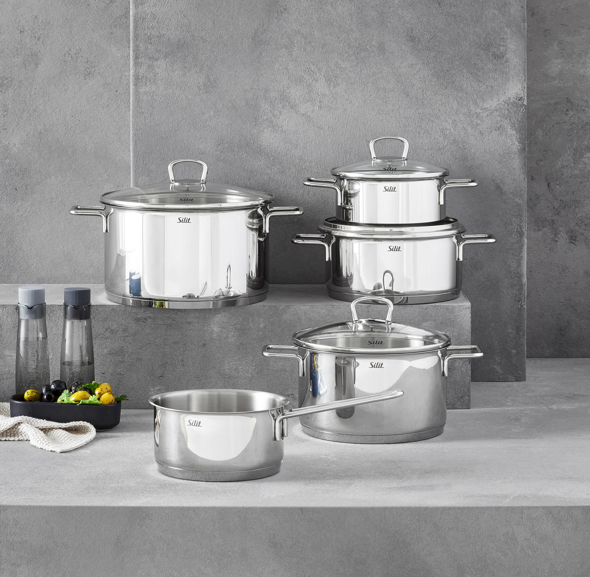 KOCHTOPFSET Alicante 5-teilig  - Edelstahlfarben, Basics, Glas/Metall - Silit