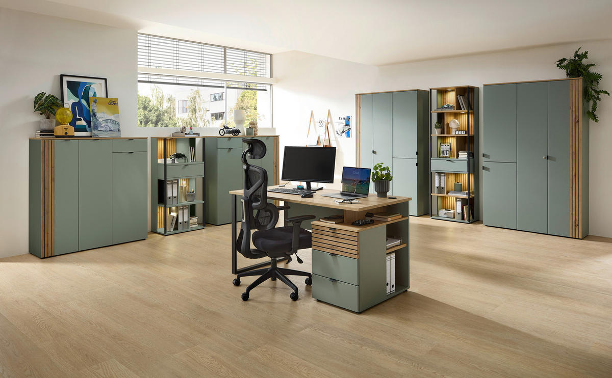 SCHREIBTISCH 150/77/73 cm Schwarz, Eiche Artisan, Schilfgrün  - Schilfgrün/Schwarz, KONVENTIONELL, Holzwerkstoff/Metall (150/77/73cm) - Voleo