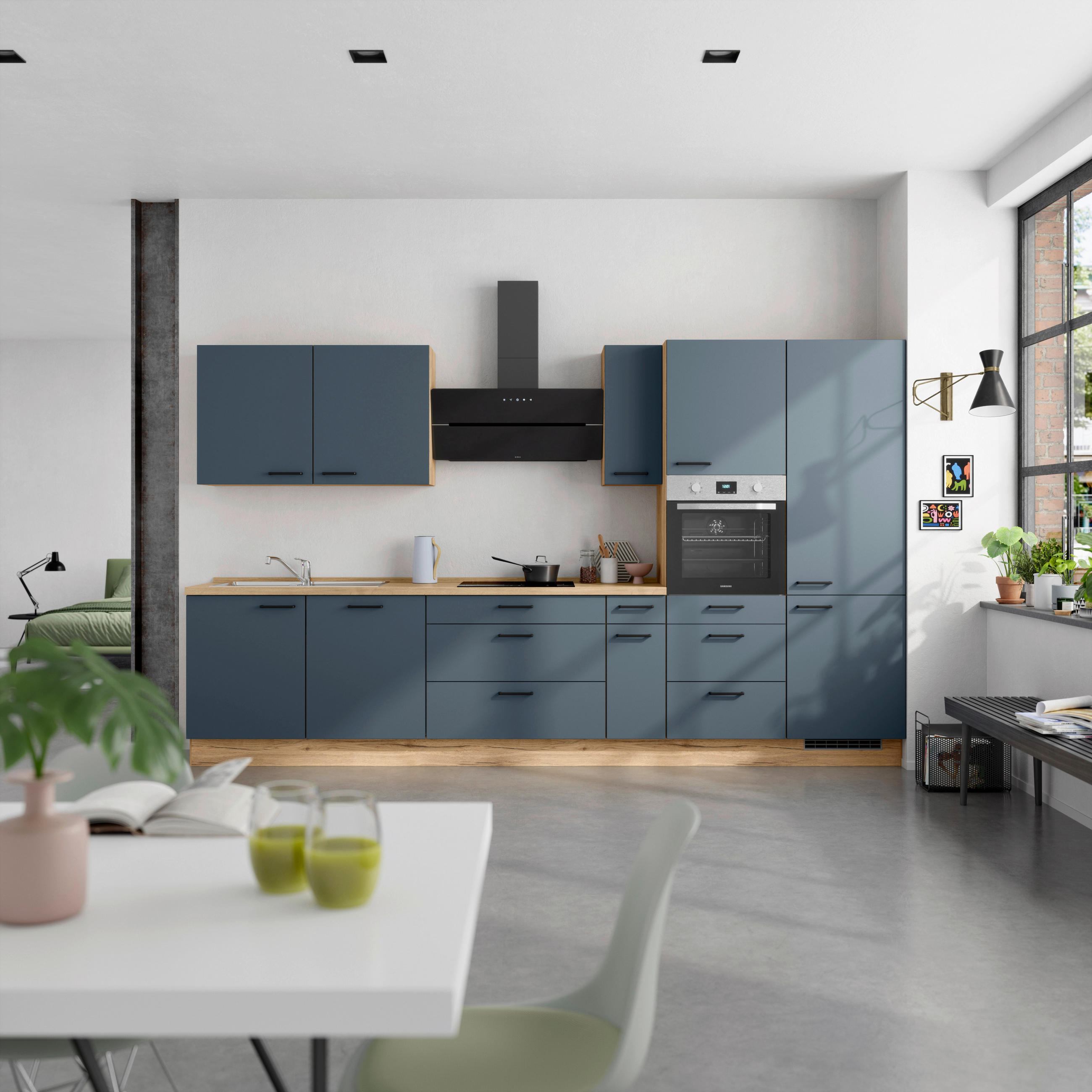 KÜCHENBLOCK Easytouch 360 cm  in Eichefarben, Dunkelblau  - Eichefarben/Schwarz, MODERN, Holzwerkstoff/Metall (360cm) - Nobilia