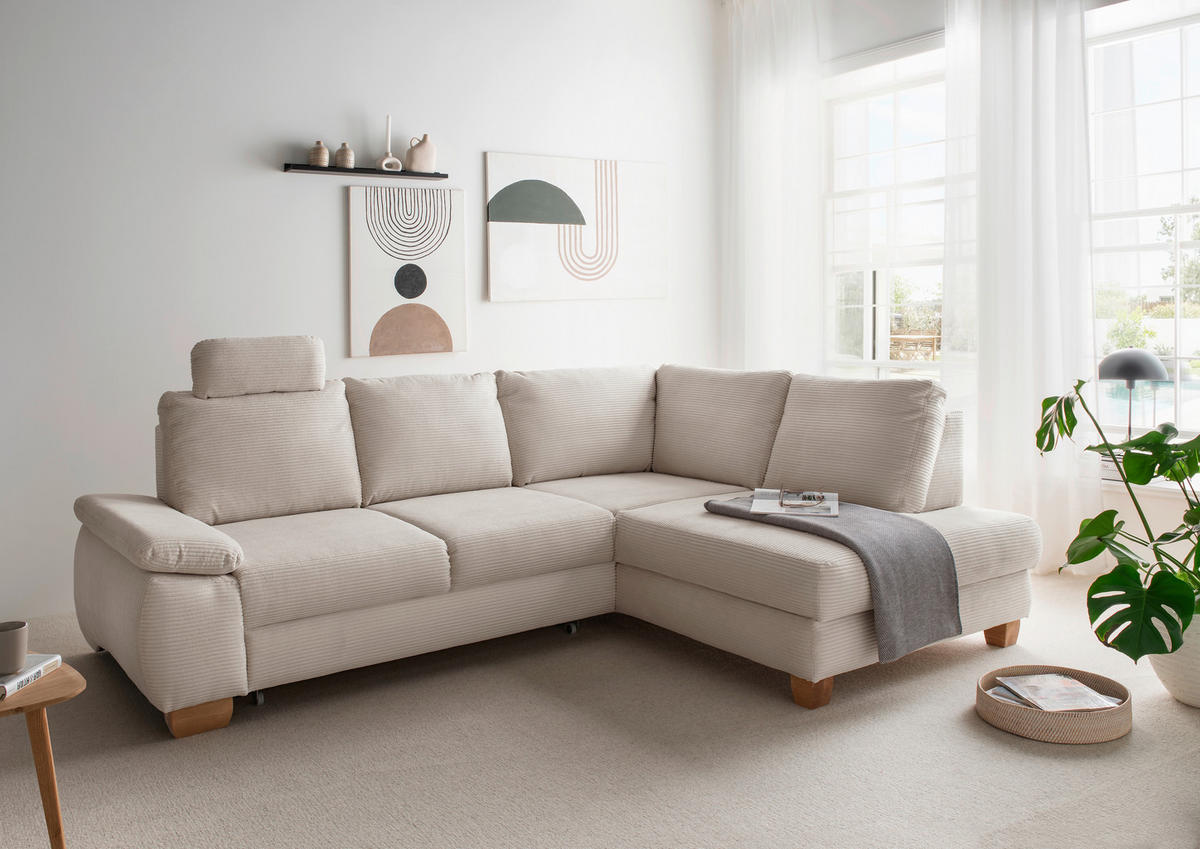 ECKSCHLAFSOFA in Cord Beige  - Wildeiche/Beige, Modern, Holz/Textil (261/206cm) - Livetastic