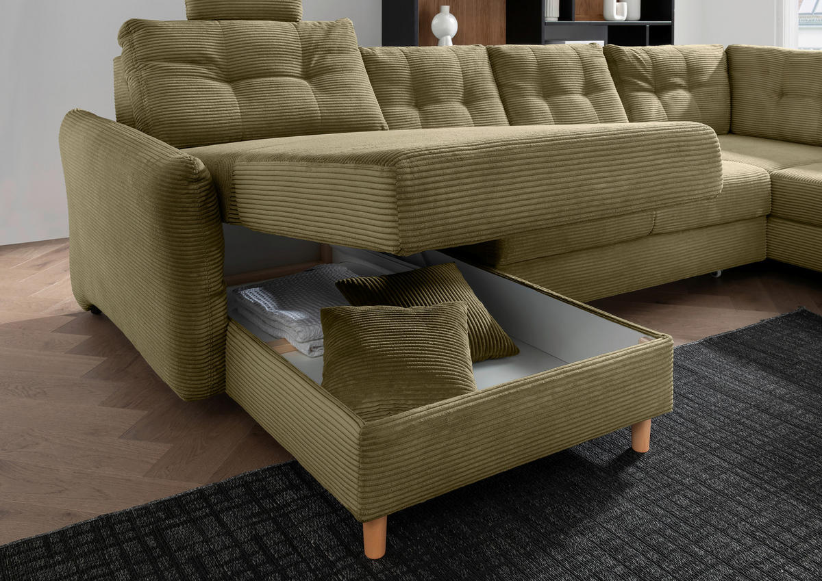 WOHNLANDSCHAFT in Cord Olivgrün  - Naturfarben/Olivgrün, Modern, Holz/Textil (176/338-352/206cm) - Livetastic
