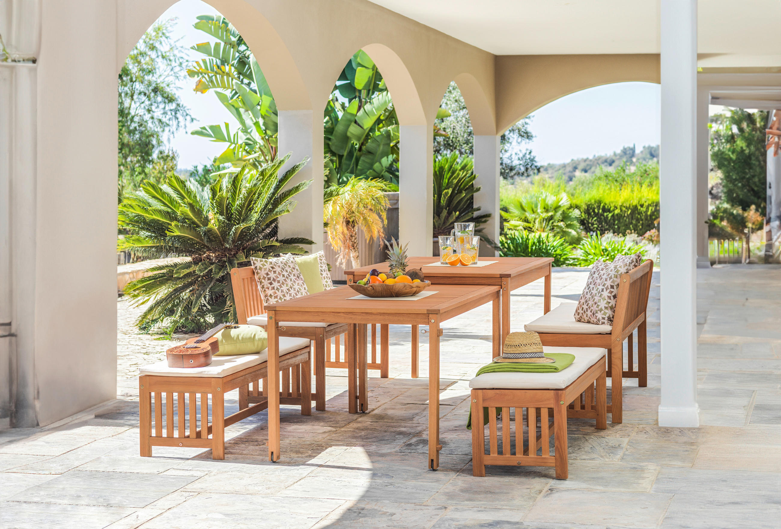 MOBILIER TERASĂ ȘI LOUNGE 10 piese - alb/culoare natur, Lifestyle, lemn/textil - Ambia Garden