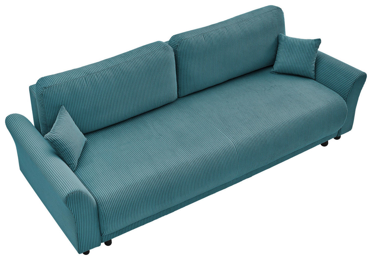 SCHLAFSOFA Malta Cord Hellblau  inkl. Zierkissen, Rückenkissen, Bettkasten, Schlaffunktion, Rücken echt  - Schwarz/Hellblau, Design, Textil (244/88/100cm) - P & B
