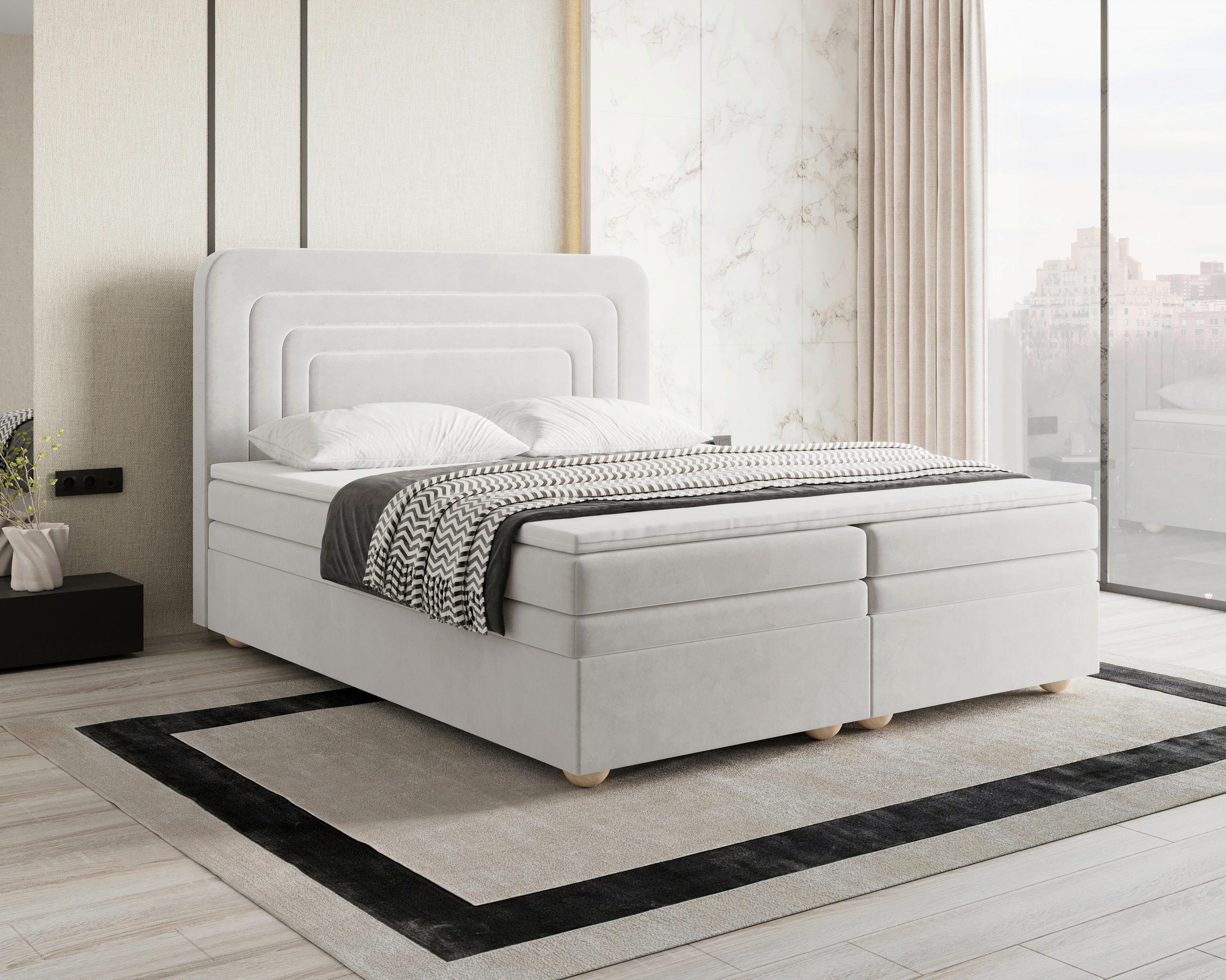 BOXBETT 160/200 cm,  in Creme, gepolstertes Kopfteil, Bettkasten, Topper, H2 + H3 = mittel + fest  - Creme/Bronzefarben, MODERN, Holz/Kunststoff (160/200cm) - Livetastic