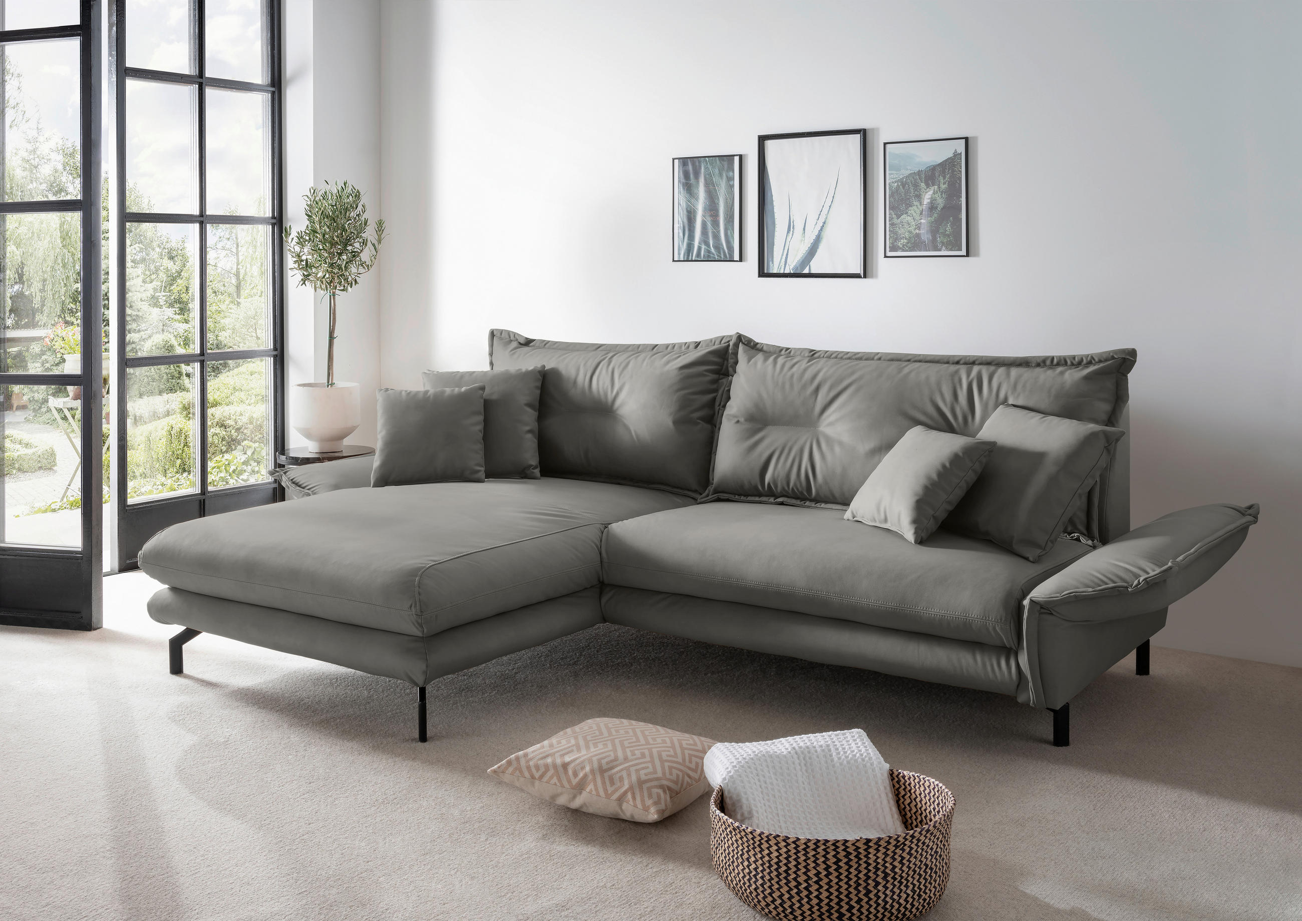 ECKSOFA in Lederlook Grau  180/255 cm  - Schwarz/Grau, MODERN, Textil/Metall (180/255cm) - Livetastic