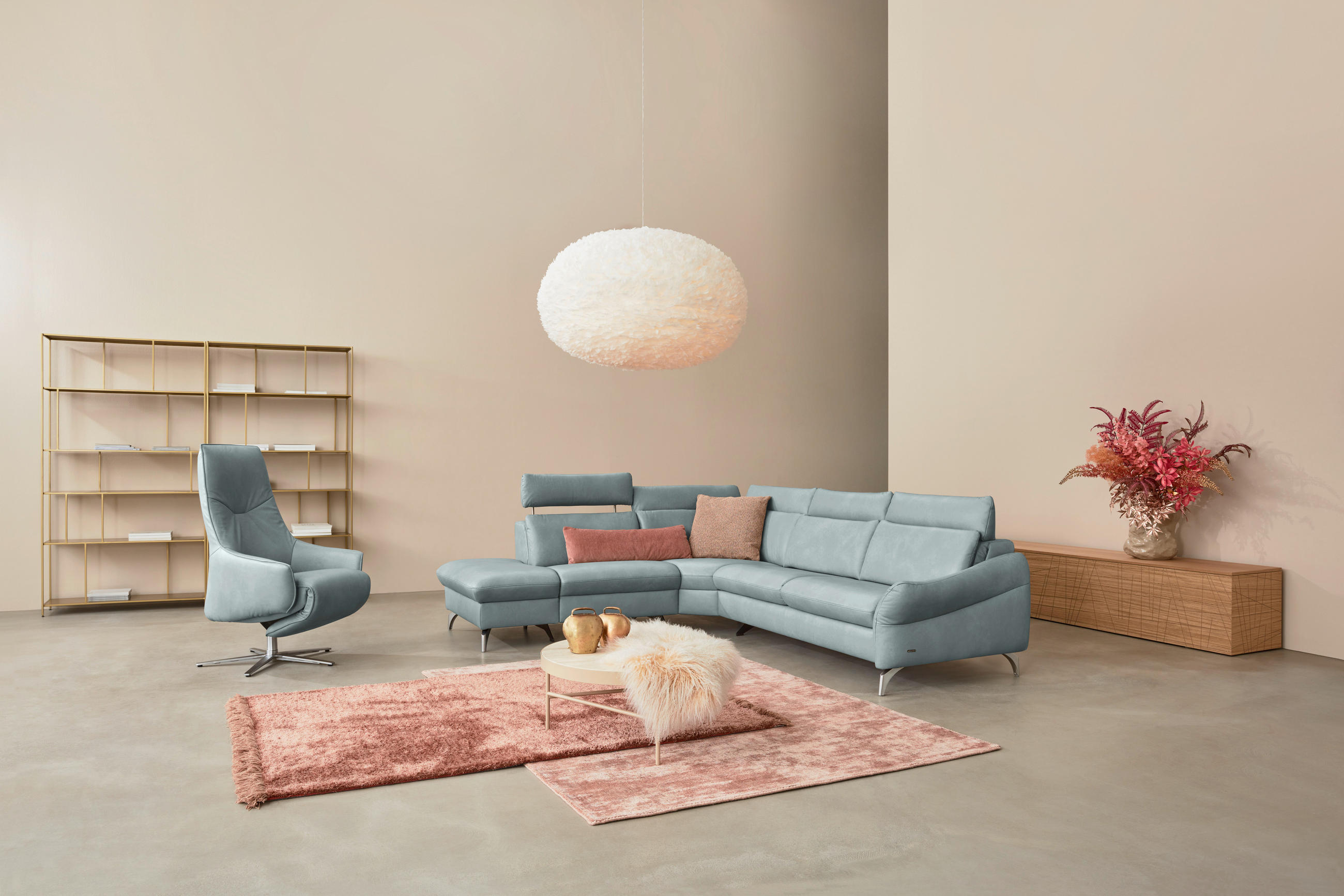 ECKSOFA in Echtleder Hellblau  - Edelstahlfarben/Hellblau, Konventionell, Leder/Metall (242/296cm) - Himolla Komfortklass