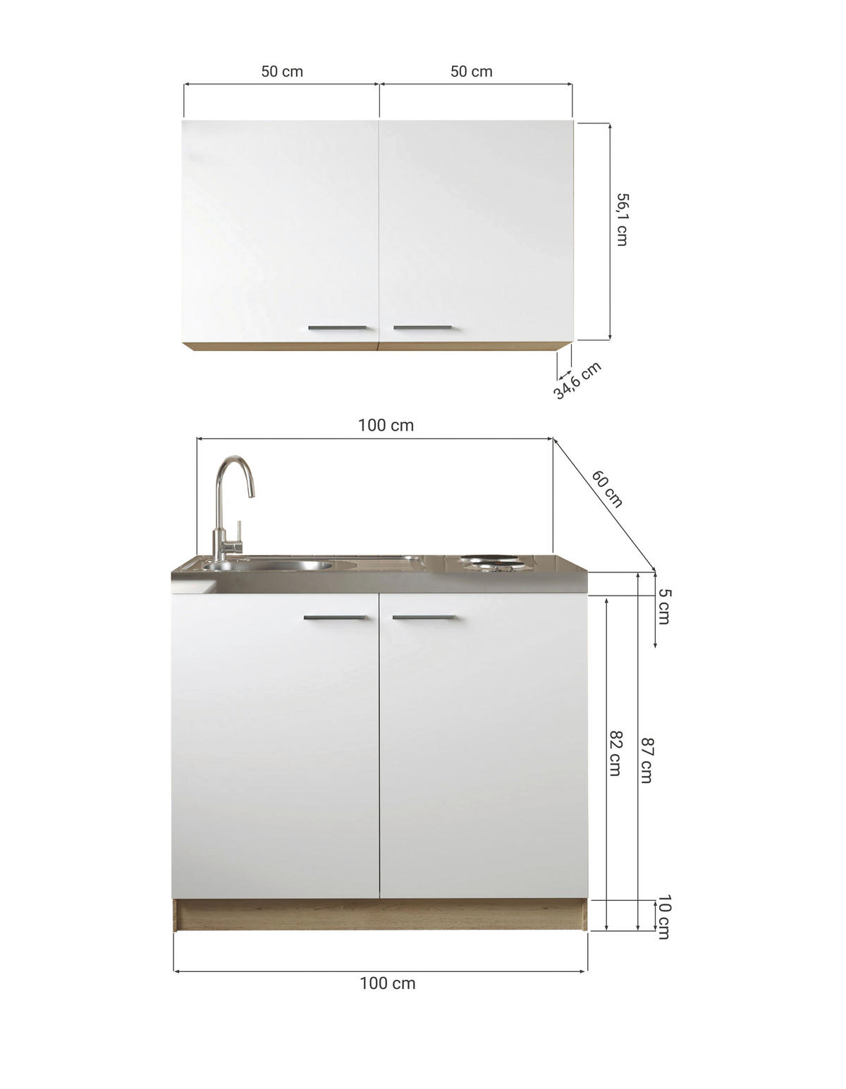 MINIKÜCHE 100 cm   in Grau, Eichefarben  - Eichefarben/Silberfarben, Basics, Holzwerkstoff/Metall (100cm) - Respekta