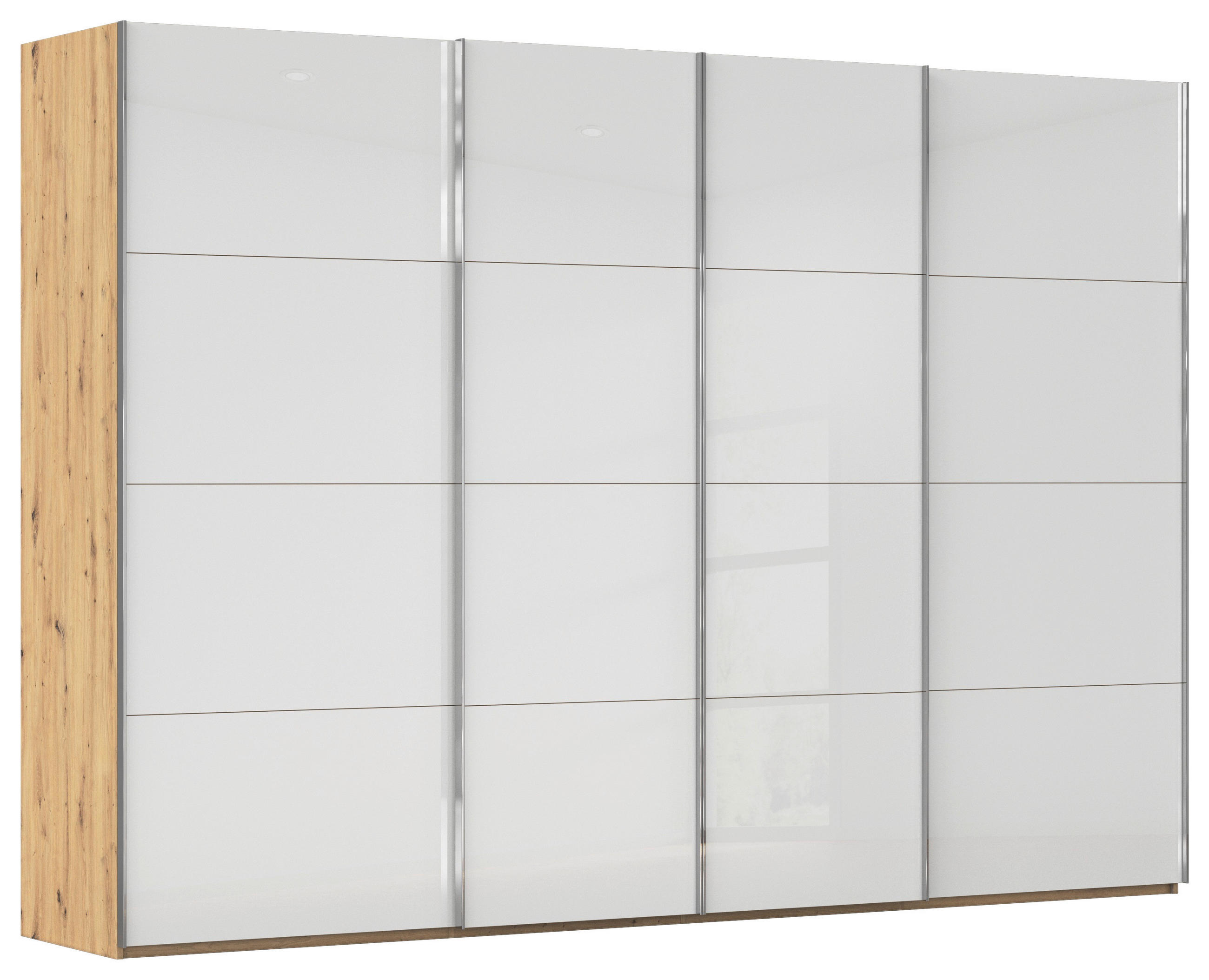 SCHWEBETÜRENSCHRANK 316/223/68 cm 4-türig Weiß, Eiche Artisan  - Chromfarben/Weiß, Design, Glas/Holzwerkstoff (316/223/68cm) - Novel