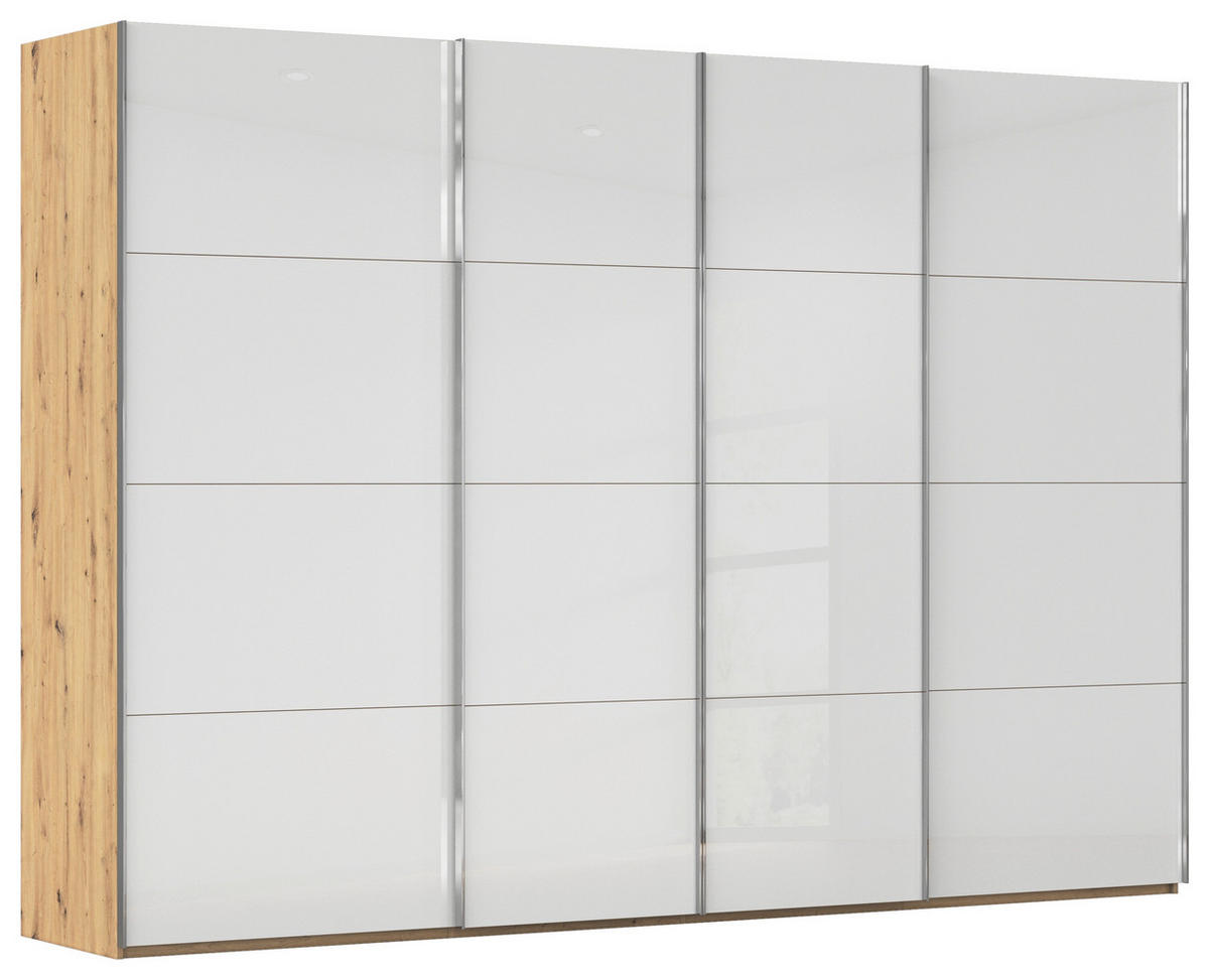 SCHWEBETÜRENSCHRANK 316/223/68 cm 4-türig Weiß, Eiche Artisan  - Chromfarben/Weiß, Design, Glas/Holzwerkstoff (316/223/68cm) - Novel