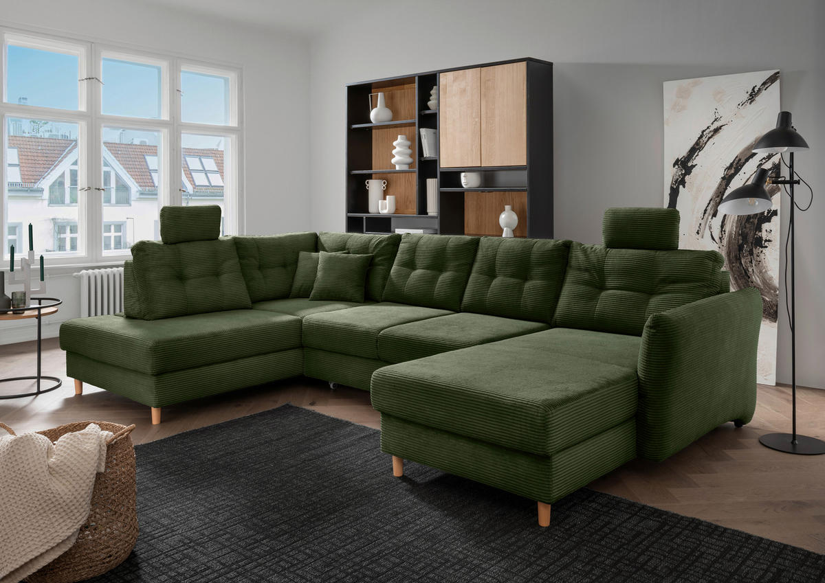 WOHNLANDSCHAFT in Cord Dunkelgrün  - Dunkelgrün/Naturfarben, Modern, Holz/Textil (206/338-352/176cm) - Livetastic