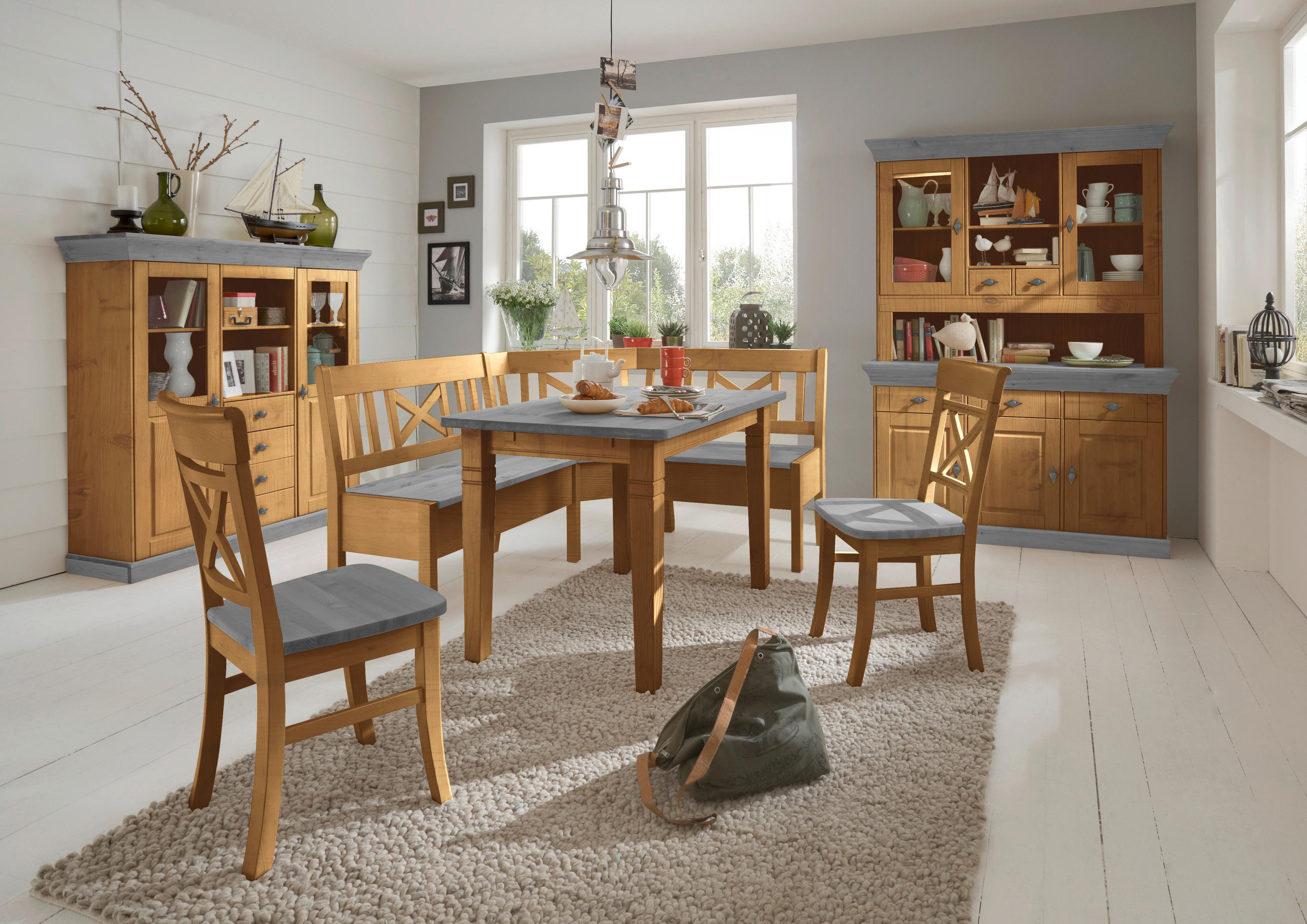 BUFFET 143/197/45 cm  in Grau, Laugenfarbig  - Laugenfarbig/Grau, ROMANTIK / LANDHAUS, Glas/Holz (143/197/45cm) - Boxxx
