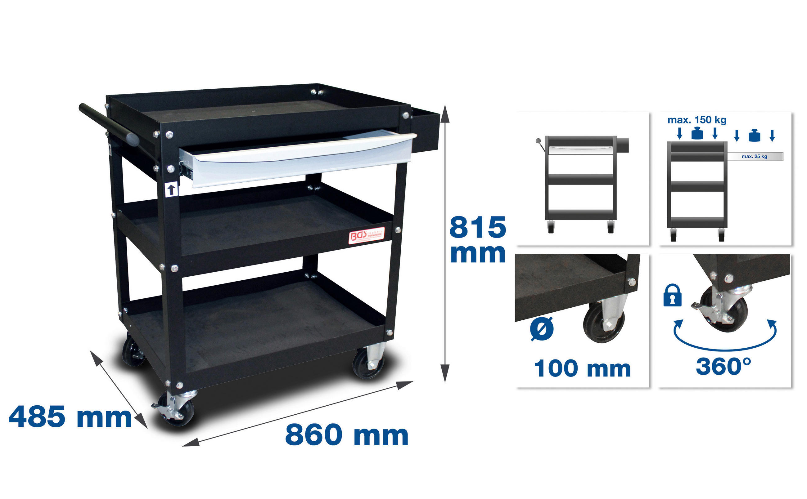 Werkstattagen-Montagewagen  - Schwarz/Weiß, Basics (86/81,5/48,5cm)