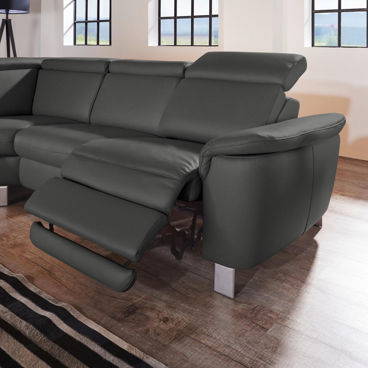 ECKSOFA in Echtleder Anthrazit  - Anthrazit/Alufarben, Design, Leder/Metall (239/271cm) - Cantus
