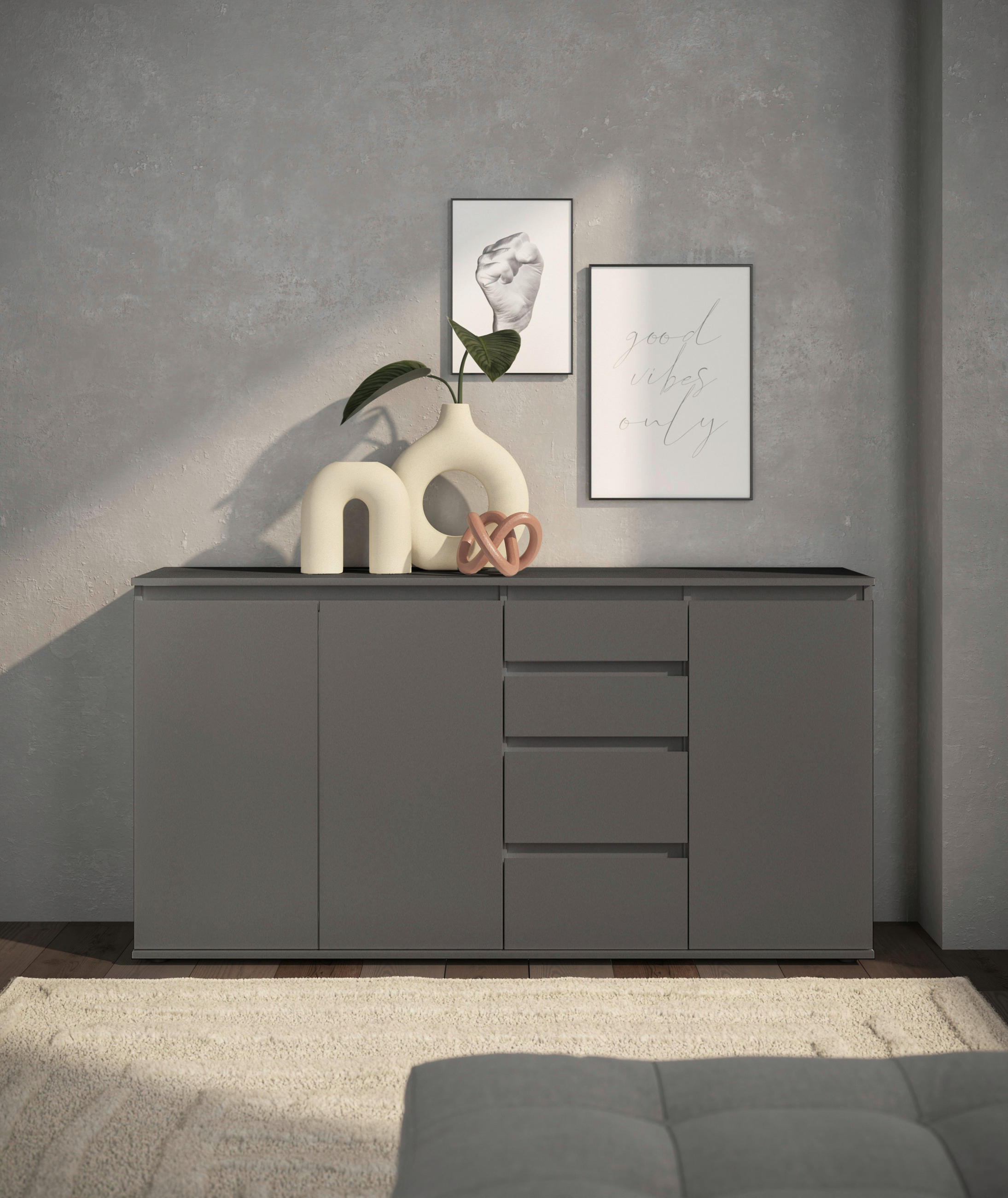 Thumbnail - Boxxx Sideboard Brest, Anthrazit, Holzwerkstoff, 2 Fächer, 4 Schubladen, 160x84x35 cm, in verschiedenen Größen erhältlic...