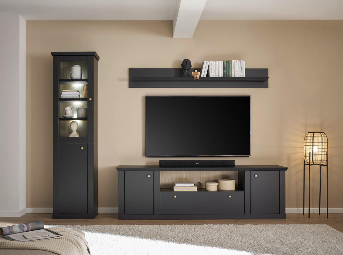 WOHNWAND 3-teilig  in Schwarz, Eichefarben  270/200/42 cm  - Eichefarben/Messingfarben, Design, Holzwerkstoff/Metall (270/200/42cm) - MID.YOU