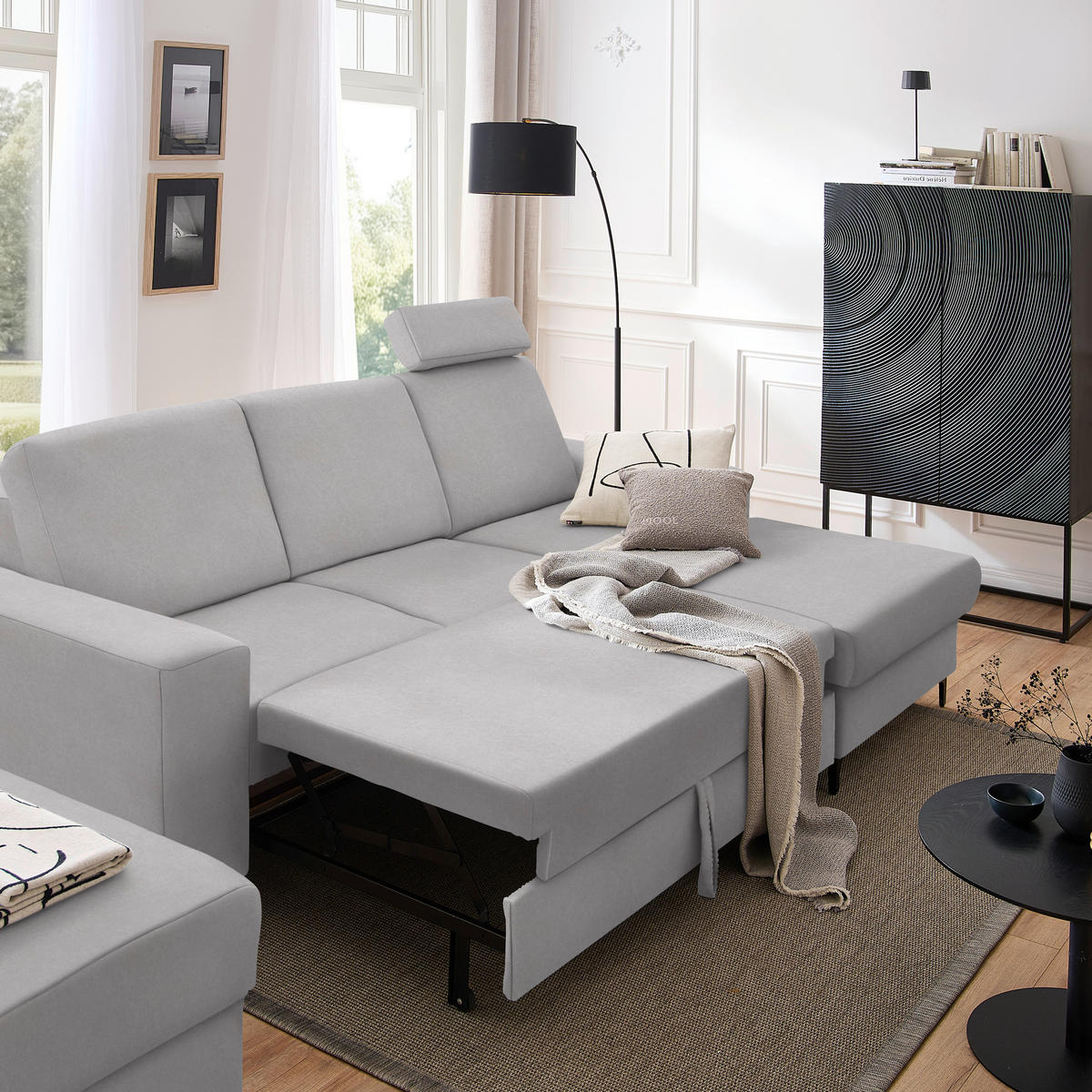 ECKSOFA in Velours Hellgrau  - Hellgrau/Schwarz, Konventionell, Textil/Metall (247/167cm) - Stylife