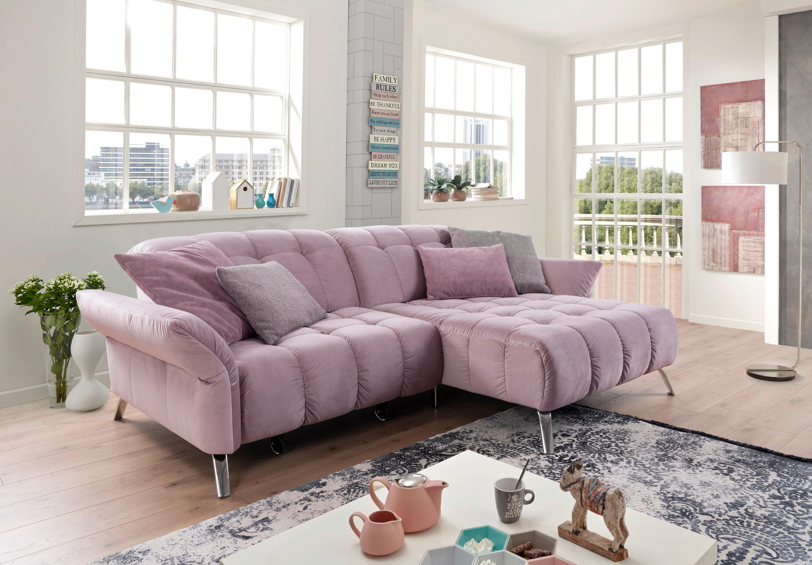 ECKSOFA Flieder Samt  - Flieder/Schwarz, MODERN, Textil/Metall (244/173cm) - Livetastic