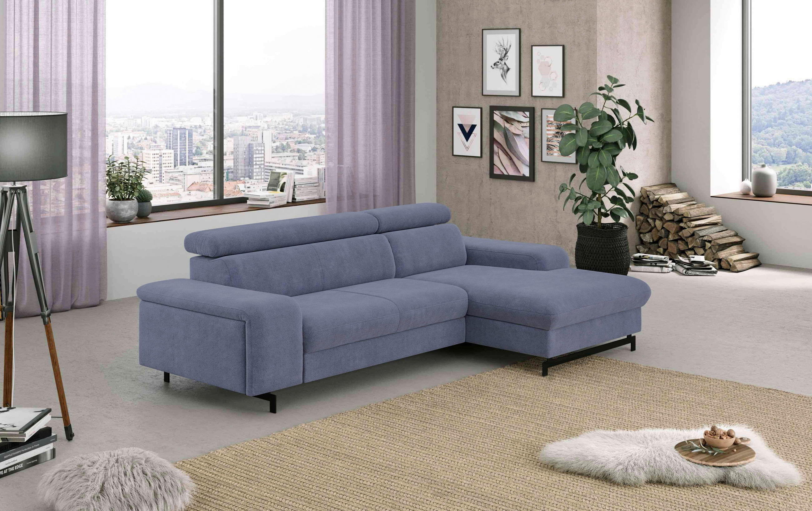 ECKSOFA in Chenille Blau  - Blau/Schwarz, Textil/Metall (267/165cm) - MID.YOU