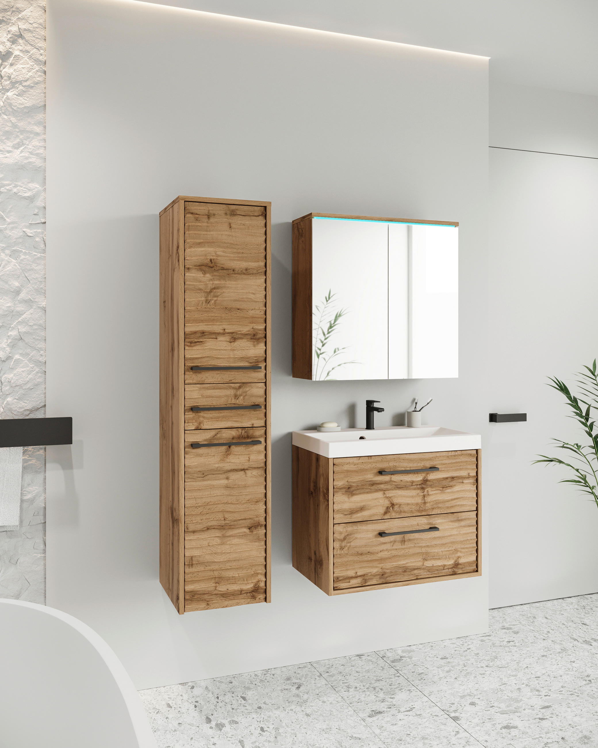 BADEZIMMER 4-teilig  in 90 cm  - Eiche Wotan/Schwarz, LIFESTYLE, Keramik/Holzwerkstoff (90cm) - P & B