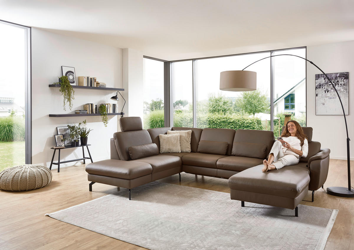 WOHNLANDSCHAFT Beldomo premium Braun Echtleder  - Schwarz/Braun, KONVENTIONELL, Leder/Metall (224/306/168cm) - Beldomo Premium