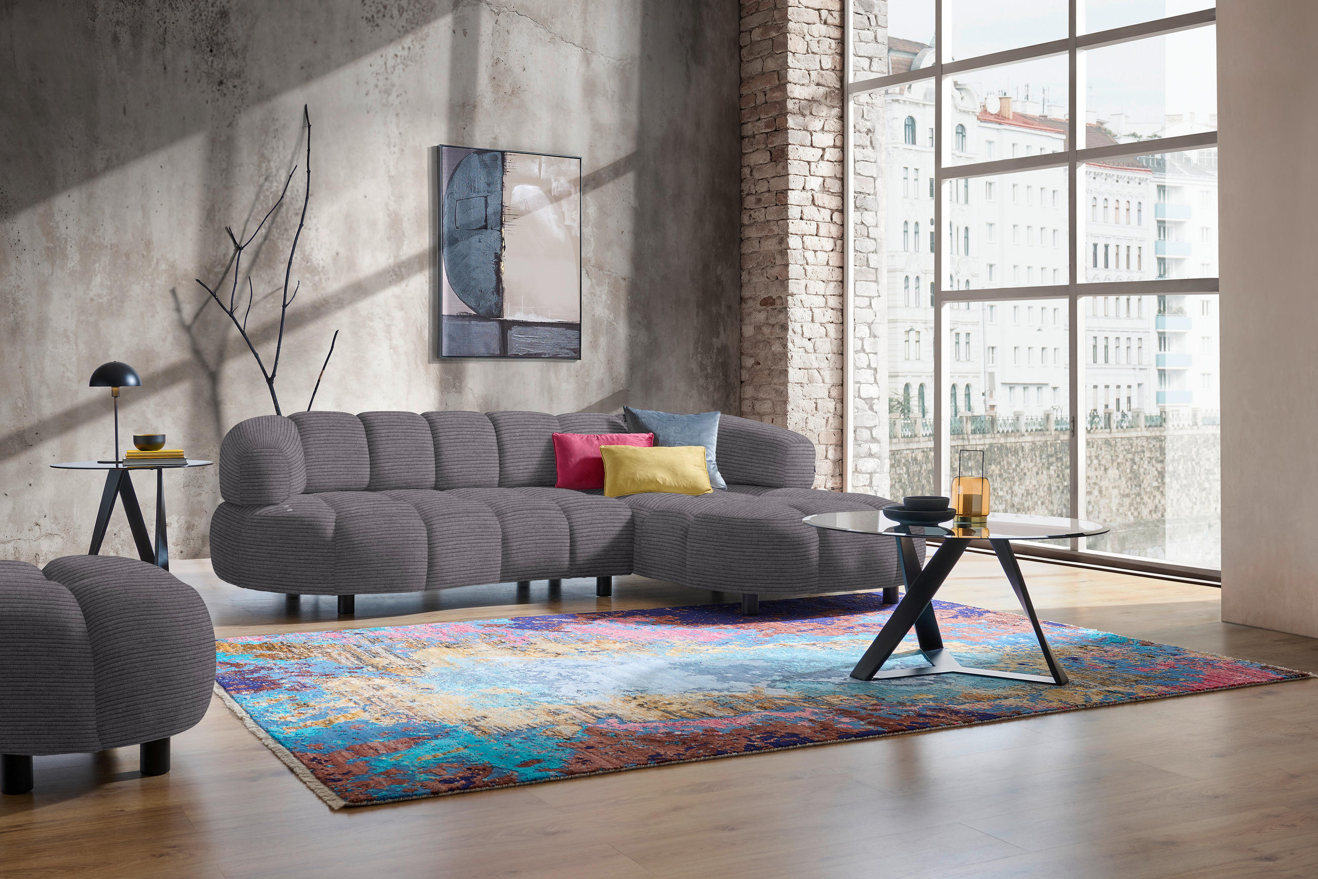 ECKSOFA in Cord, Velours Graubraun  284/183 cm  - Graubraun/Schwarz, Design, Holz/Textil (284/183cm) - Welnova