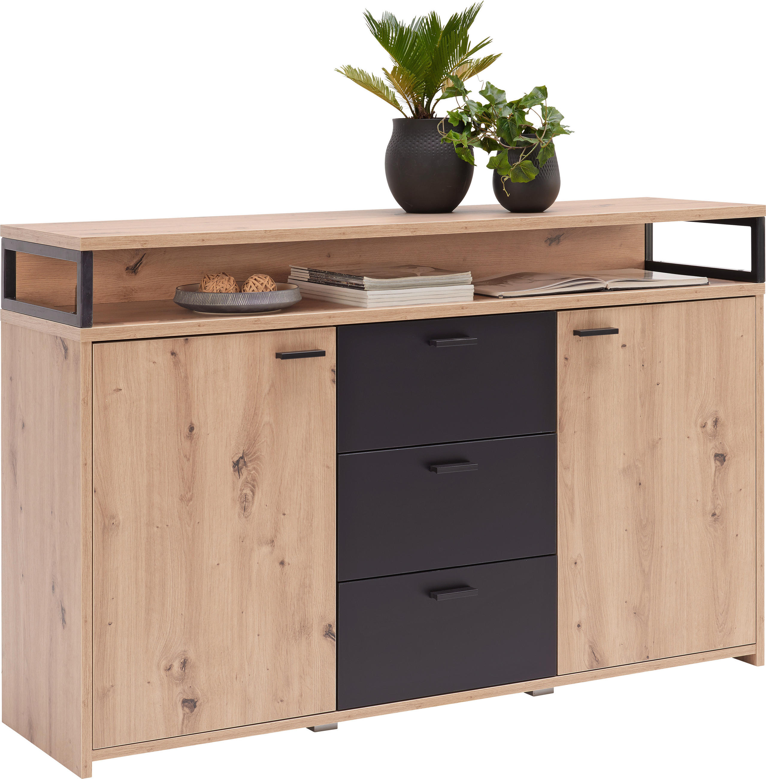 Xora Sideboard Schwarz, Eiche 134x87.8x38 cm