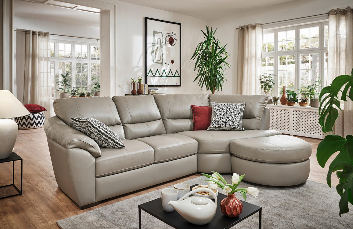 ECKSOFA  in Kombination Echtleder/Lederlook Grau  273/194 cm  - Wengefarben/Grau, KONVENTIONELL, Leder/Holz (273/194cm) - Livetastic