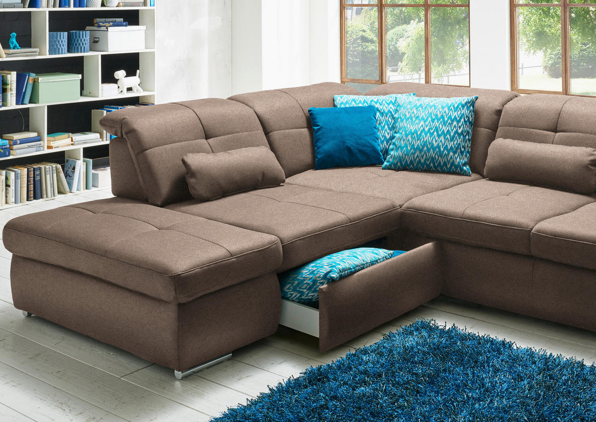 WOHNLANDSCHAFT  in Mikrofaser Sandfarben  - Sandfarben/Chromfarben, Design, Holzwerkstoff/Textil (260/371/195cm) - Beldomo Style