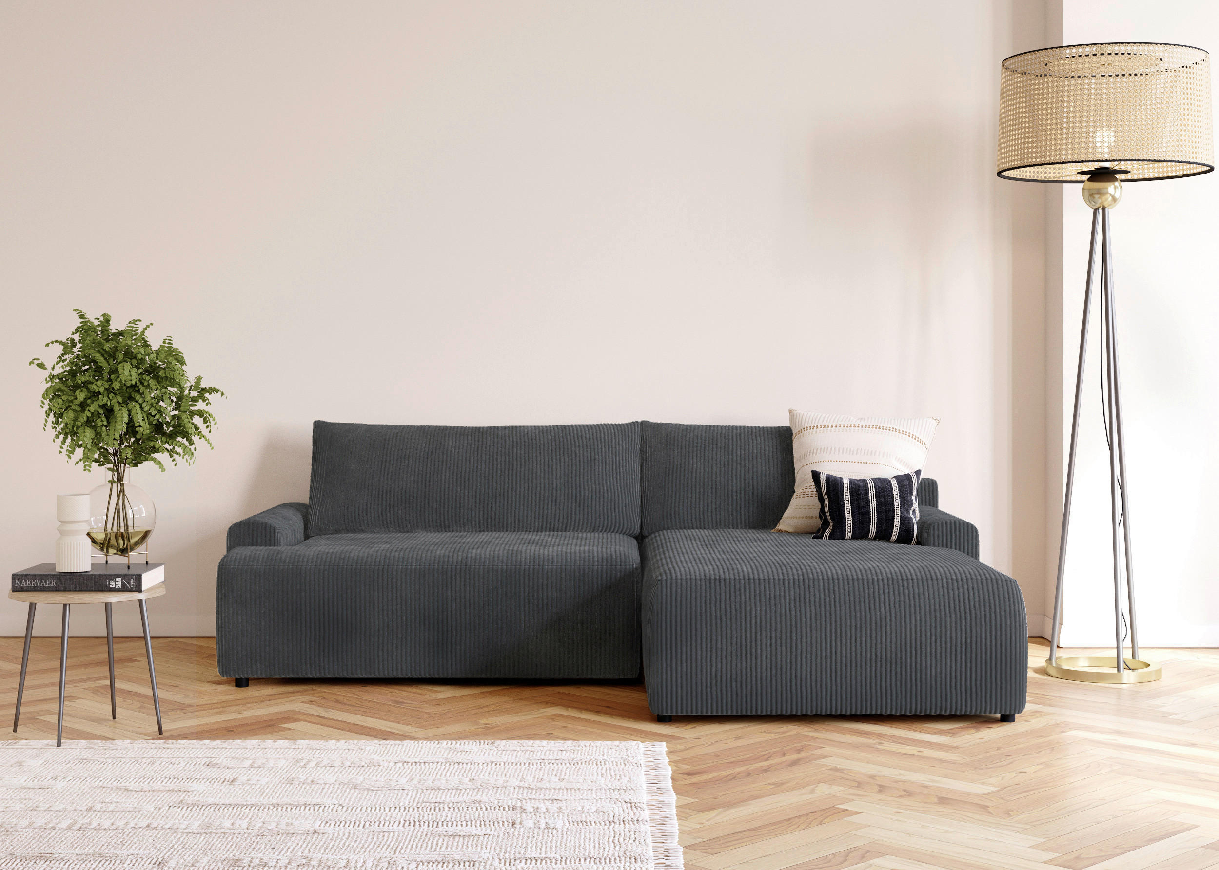 ECKSCHLAFSOFA in Cord Anthrazit - Anthrazit/Schwarz, Modern, Kunststoff/Textil (253/167cm) - Trendmanufaktur