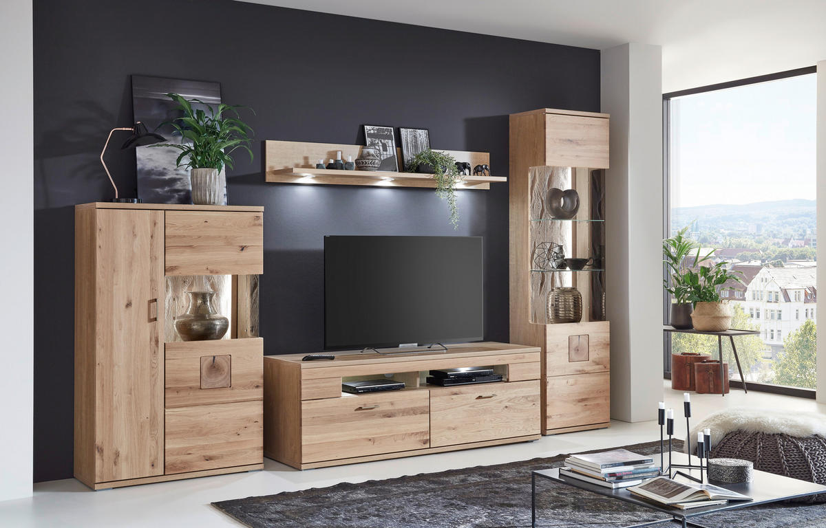 WOHNWAND  in Alteiche  330/208,3/50,2 cm  - Alteiche/Silberfarben, KONVENTIONELL, Glas/Holz (330/208,3/50,2cm) - Livetastic