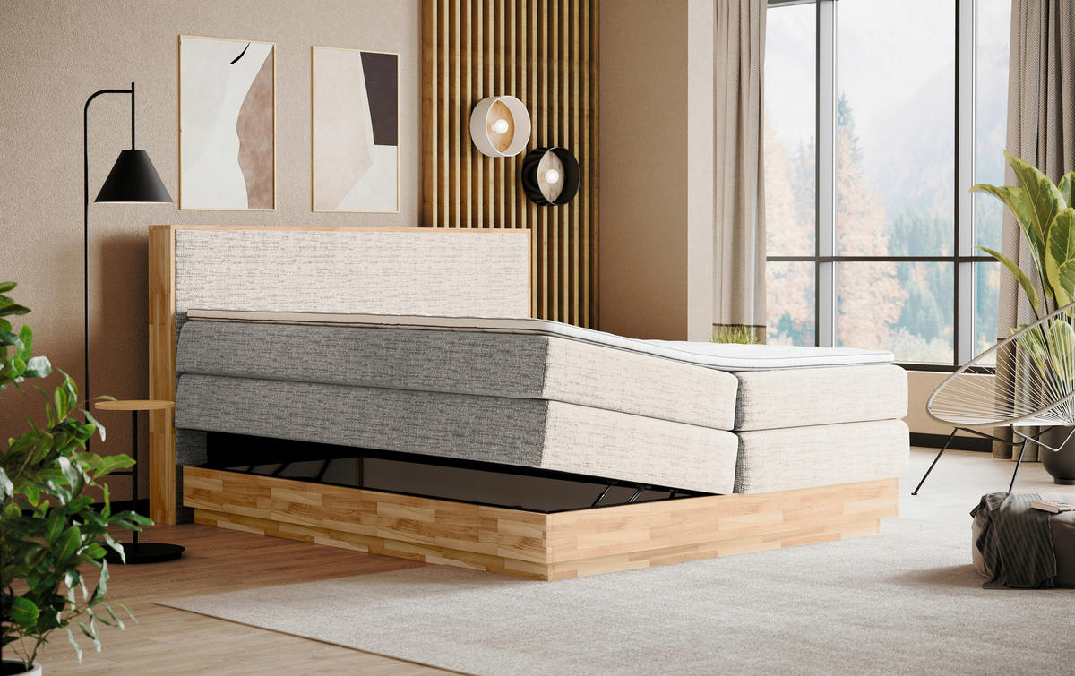 BOXSPRINGBETT 160/200 cm,  in Eichefarben, Sandfarben, Matratze, gepolstertes Kopfteil, Bettkasten, Topper, H2 + H3 = mittel + fest  - Sandfarben/Eichefarben, MODERN, Holz/Kunststoff (160/200cm) - Livetastic