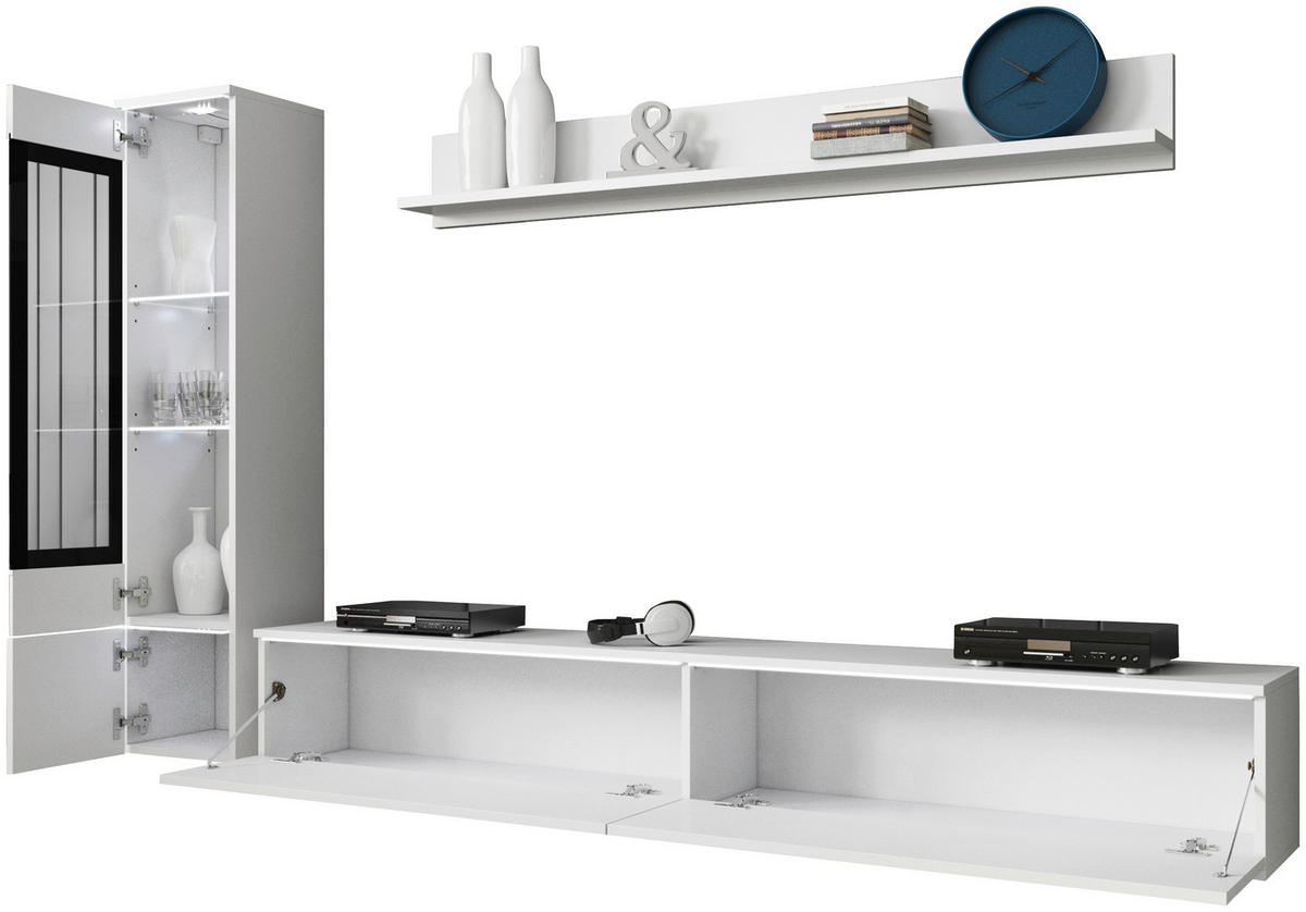 WOHNWAND 3-teilig  in Weiß Hochglanz  210/130/33 cm  - Weiß Hochglanz/Weiß, LIFESTYLE, Glas/Holzwerkstoff (210/130/33cm) - P & B