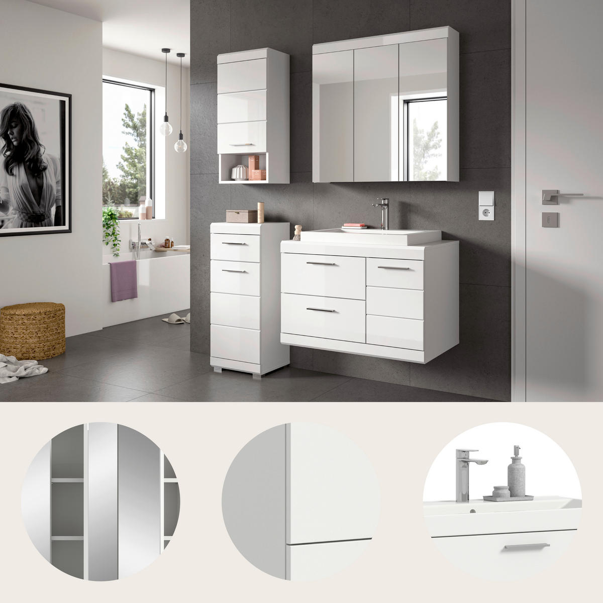 BADEZIMMER 5-teilig  in 132 cm  - Weiß Hochglanz/Silberfarben, Trend, Glas/Holzwerkstoff (132cm) - MID.YOU