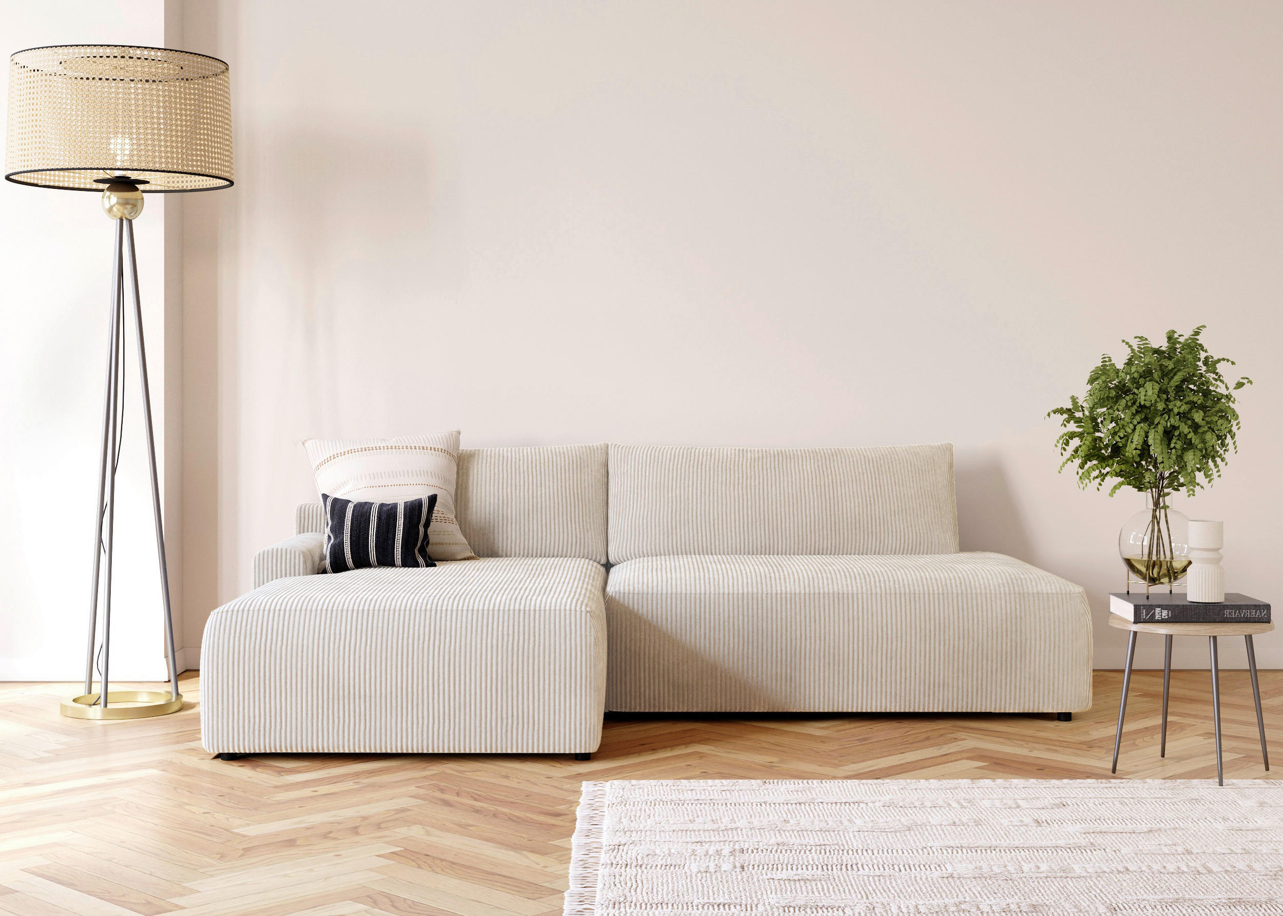ECKSCHLAFSOFA in Cord Creme  - Creme/Schwarz, Modern, Kunststoff/Textil (167/253cm) - Trendmanufaktur