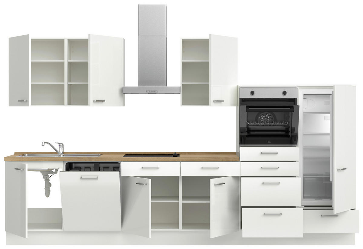 KÜCHENLEERBLOCK 360 cm   in Eichefarben, Weiß Hochglanz  - Edelstahlfarben/Eichefarben, MODERN, Holzwerkstoff/Metall (360cm) - Nobilia