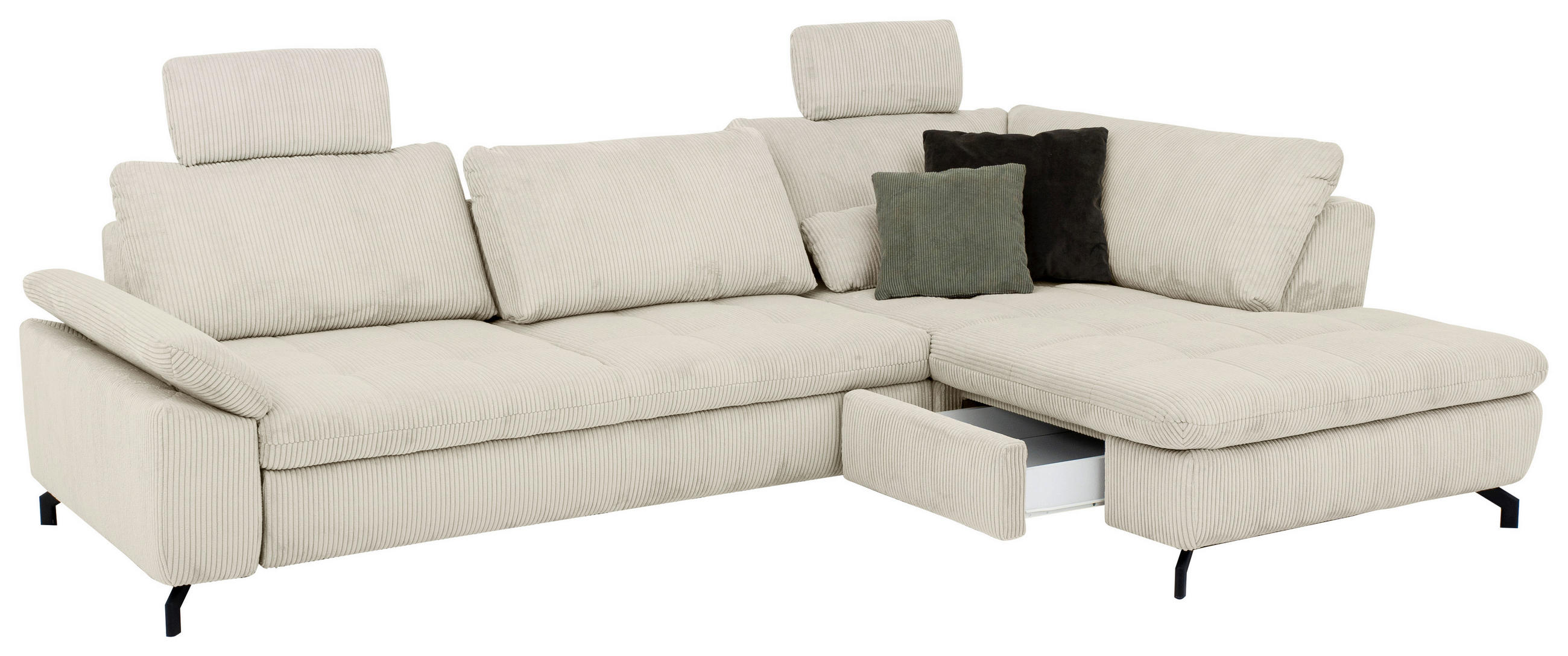 ECKSOFA inkl. Funktionen Creme, Naturfarben Cord, Velours  - Creme/Schwarz, Design, Textil/Metall (291/197cm) - Beldomo Style