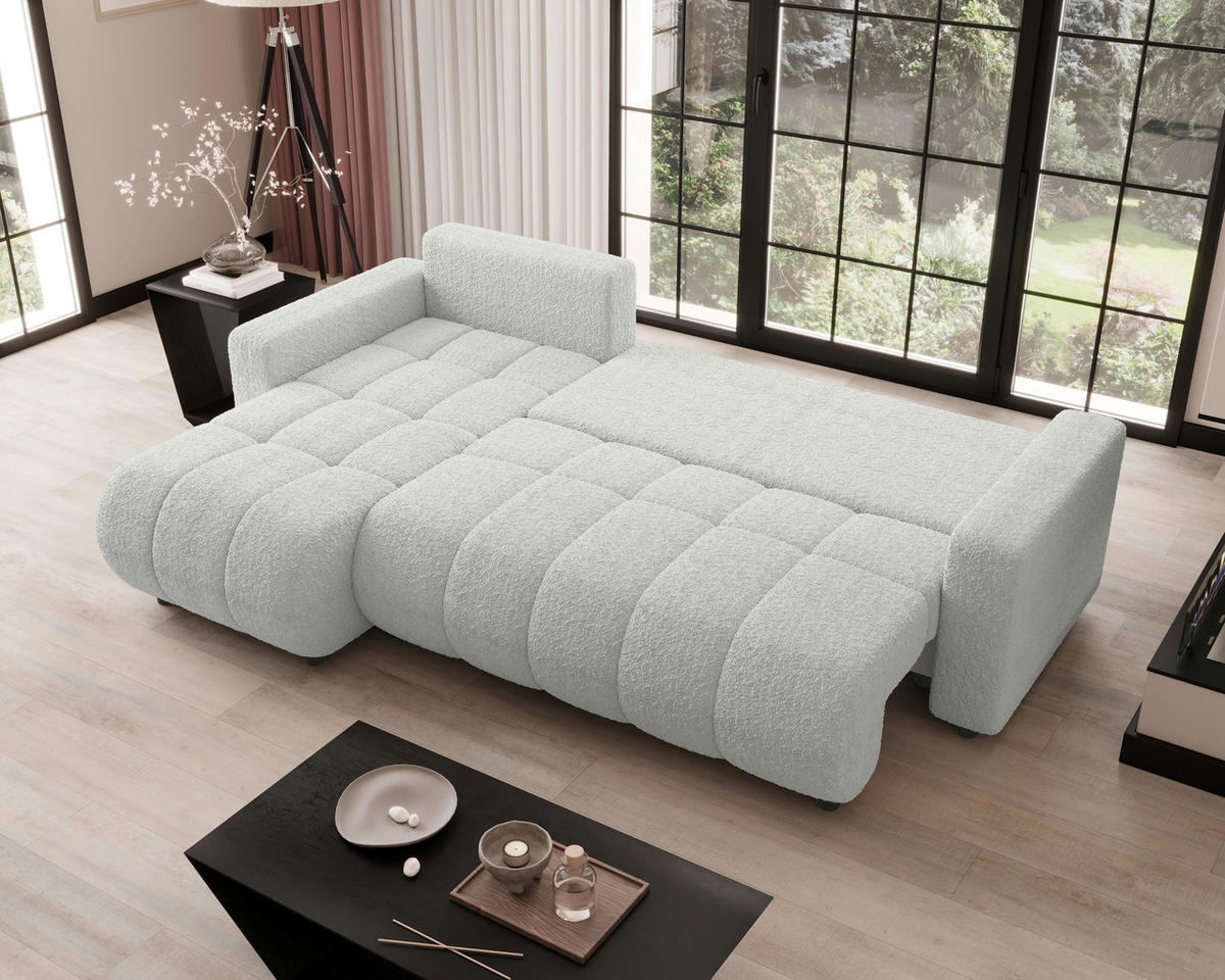 ECKSOFA Weiß Bouclé Zierkissen, Rückenkissen, Bettkasten, Schlaffunktion, Rücken echt, Liegefläche im Originalstoff  - Schwarz/Weiß, MODERN, Kunststoff/Textil (150/240cm) - Carryhome