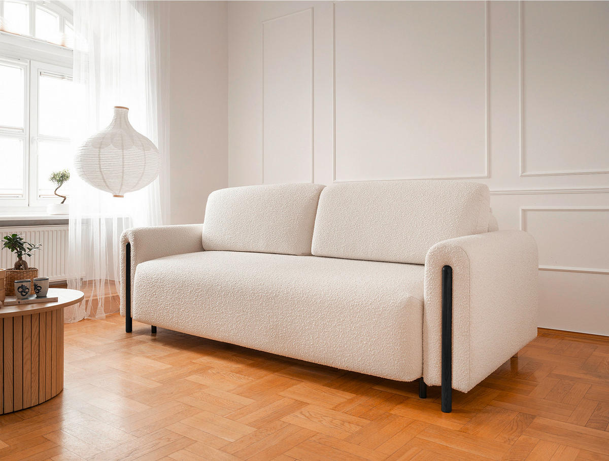 SCHLAFSOFA  mit Bouclé Creme, Schwarz  - Creme/Schwarz, Design, Holz/Textil (244/97/97cm) - MID.YOU