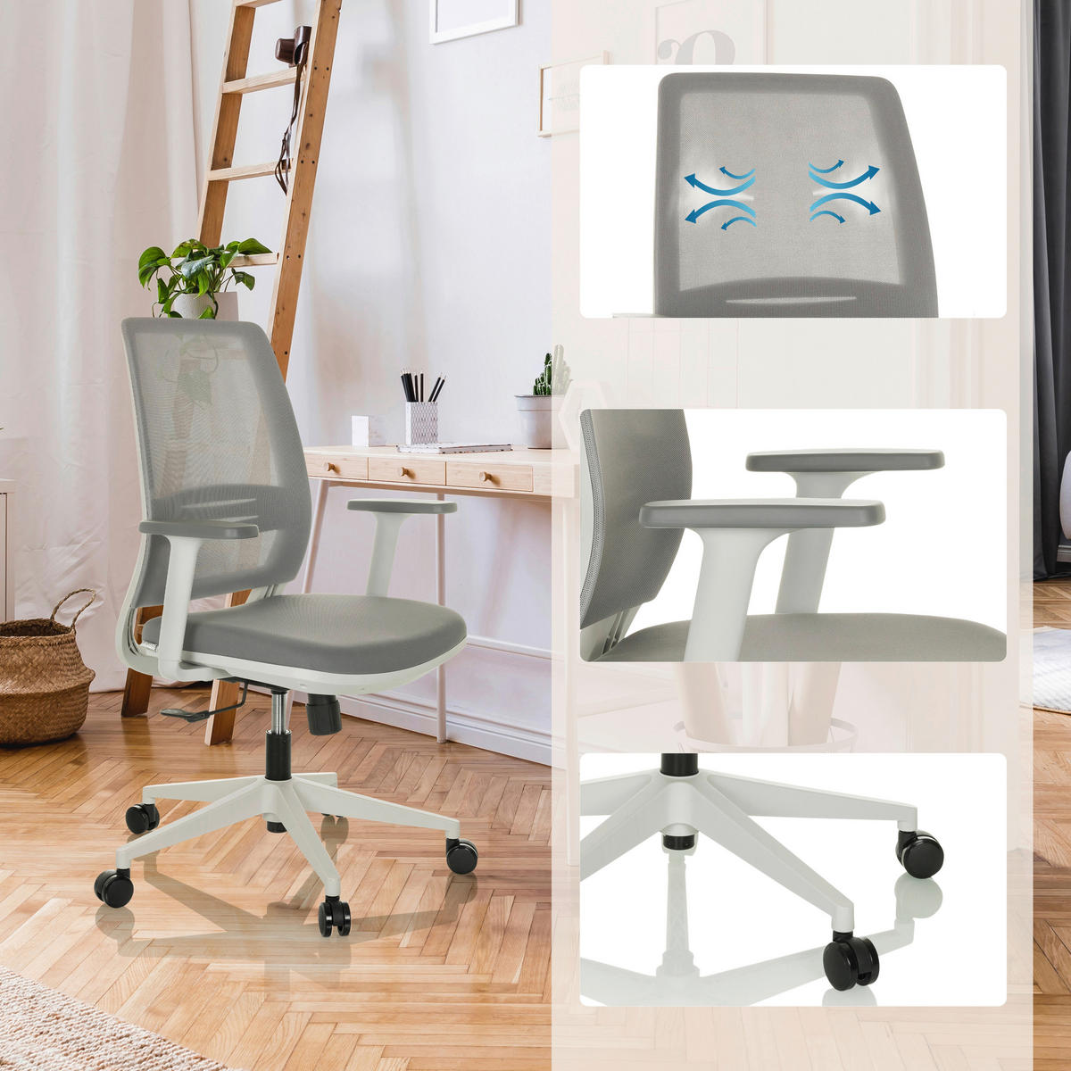 OTOČNÁ ŽIDLE, síťovina, šedá - šedá/bílá, Moderní, textil/plast (68/100 - 108/55cm) - MID.YOU