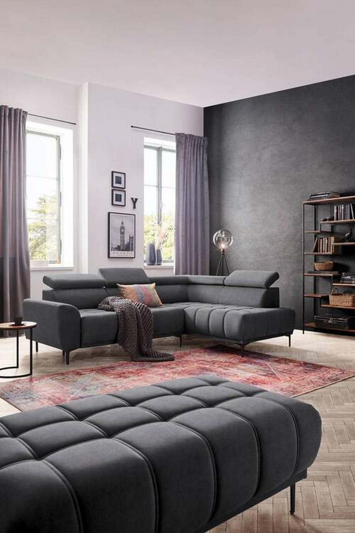 ECKSOFA in Velours Graphitfarben  - Schwarz/Graphitfarben, Design, Textil/Metall (261/191cm) - Stylife