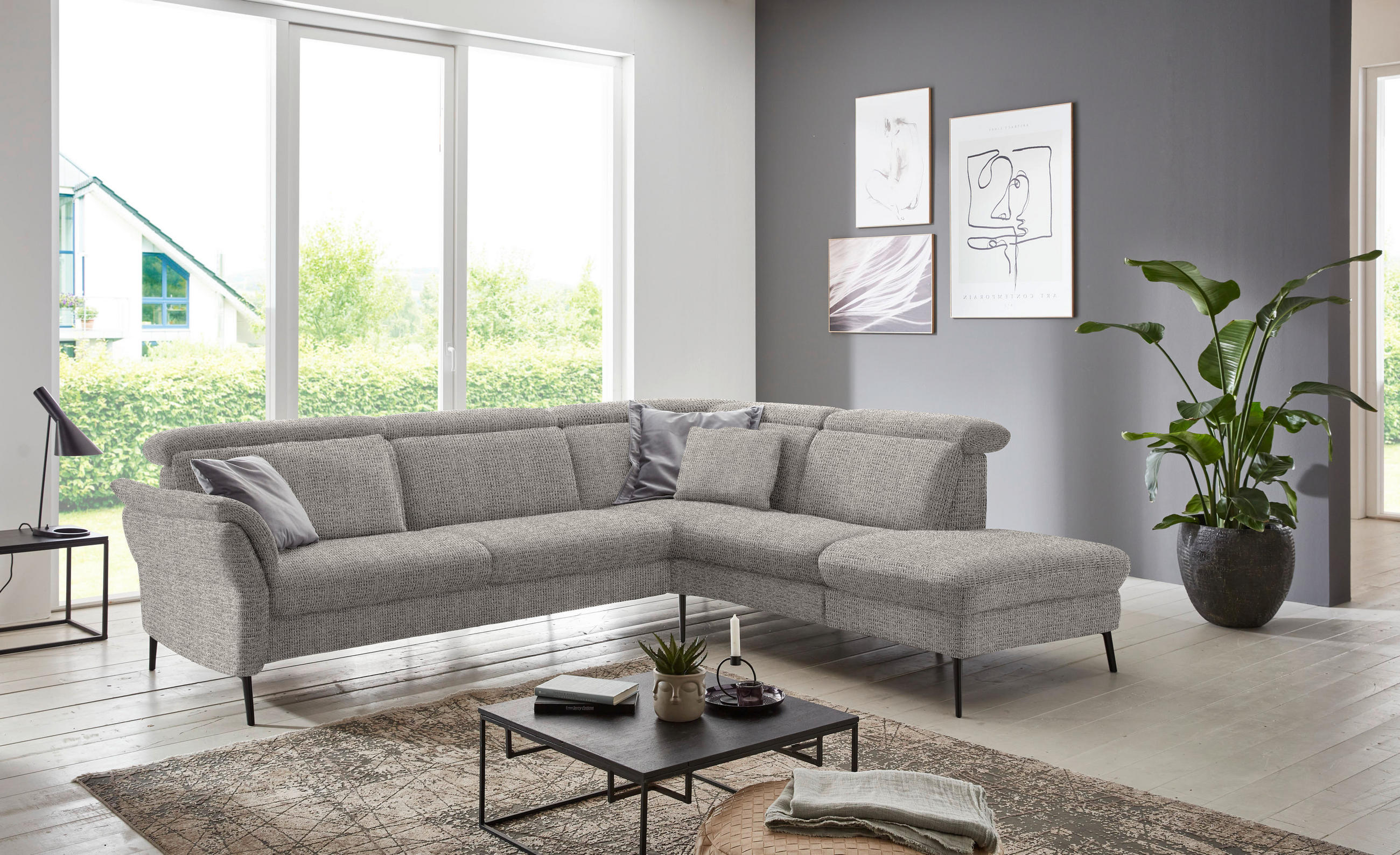 ECKSOFA in Struktur Hellgrau  275/235 cm  - Hellgrau/Schwarz, MODERN, Textil/Metall (275/235cm) - Cantus