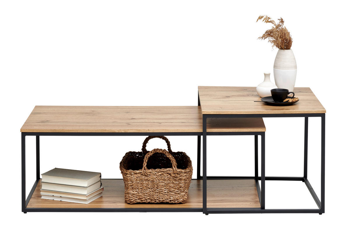 COUCHTISCHSET in Metall, Holzwerkstoff 50-100/55-50/53-35 cm  - Eichefarben/Schwarz, Design, Holzwerkstoff/Metall (50-100/55-50/53-35cm) - Ti'me