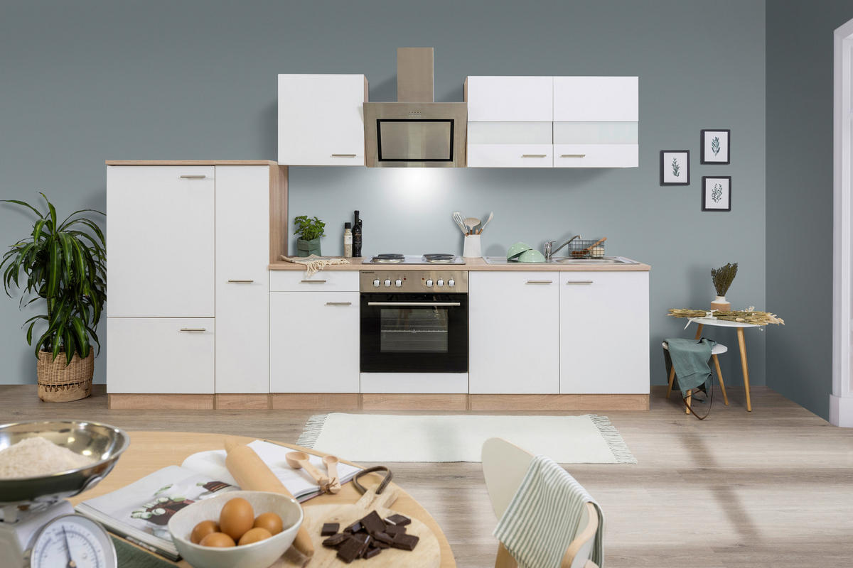 KÜCHENBLOCK 300 cm   in Weiß  - Edelstahlfarben/Eichefarben, Basics, Holzwerkstoff/Metall (300cm) - Respekta
