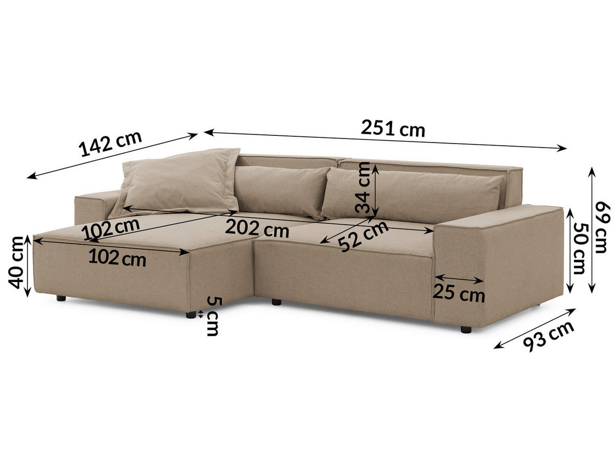 ECKSOFA Curduroy in Webstoff Hellbraun Rückenkissen  251/142 cm  - Hellbraun/Schwarz, Design, Kunststoff/Textil (251/142cm) - P & B