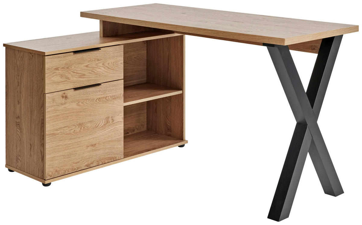 ECKSCHREIBTISCH 140/95/76 cm  in Eichefarben  - Eichefarben/Schwarz, Modern, Holzwerkstoff/Metall (140/95/76cm) - Livetastic