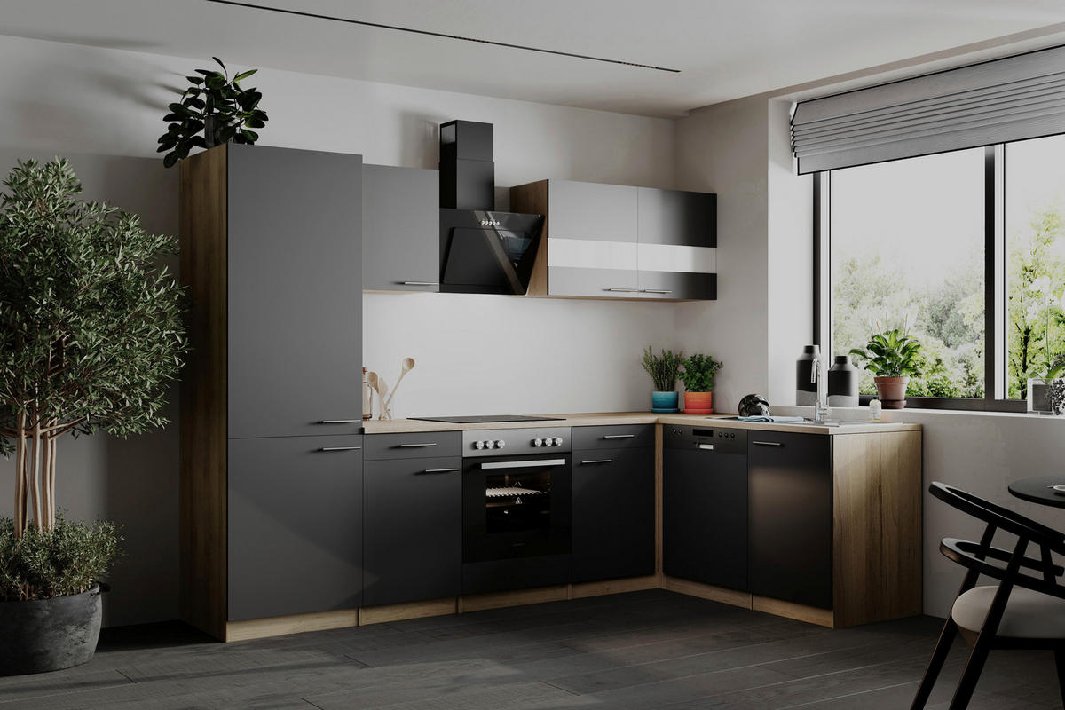 ECKKÜCHE  in Grau  - Edelstahlfarben/Eichefarben, Basics, Holzwerkstoff/Metall (280cm) - Respekta