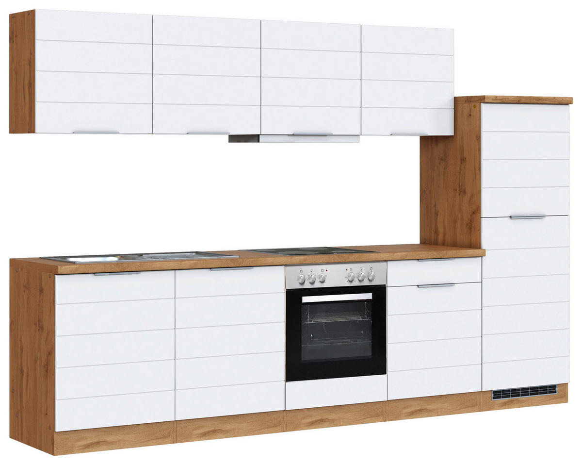 KÜCHENBLOCK 300 cm   in Weiss, Eiche Wotan  - Weiss/Eiche Wotan, Design, Holzwerkstoff/Metall (300cm) - Held