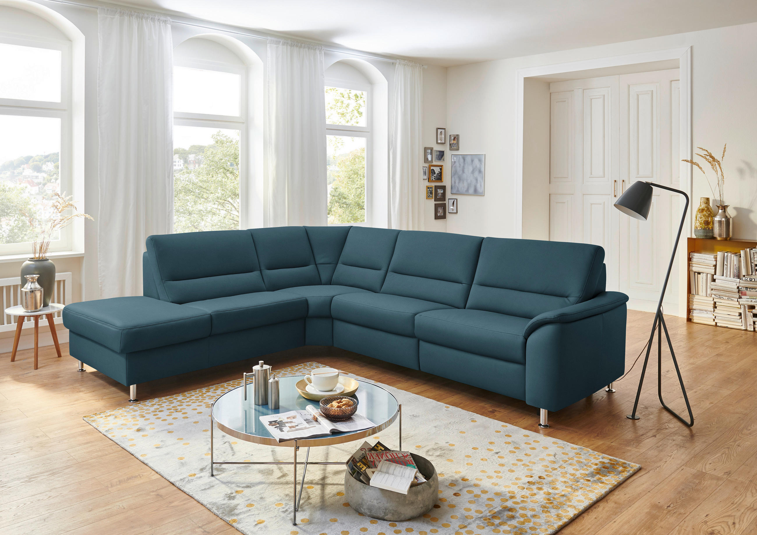 ECKSOFA in Echtleder Blau  - Blau/Alufarben, Basics, Leder/Metall (249/290cm) - Beldomo Premium