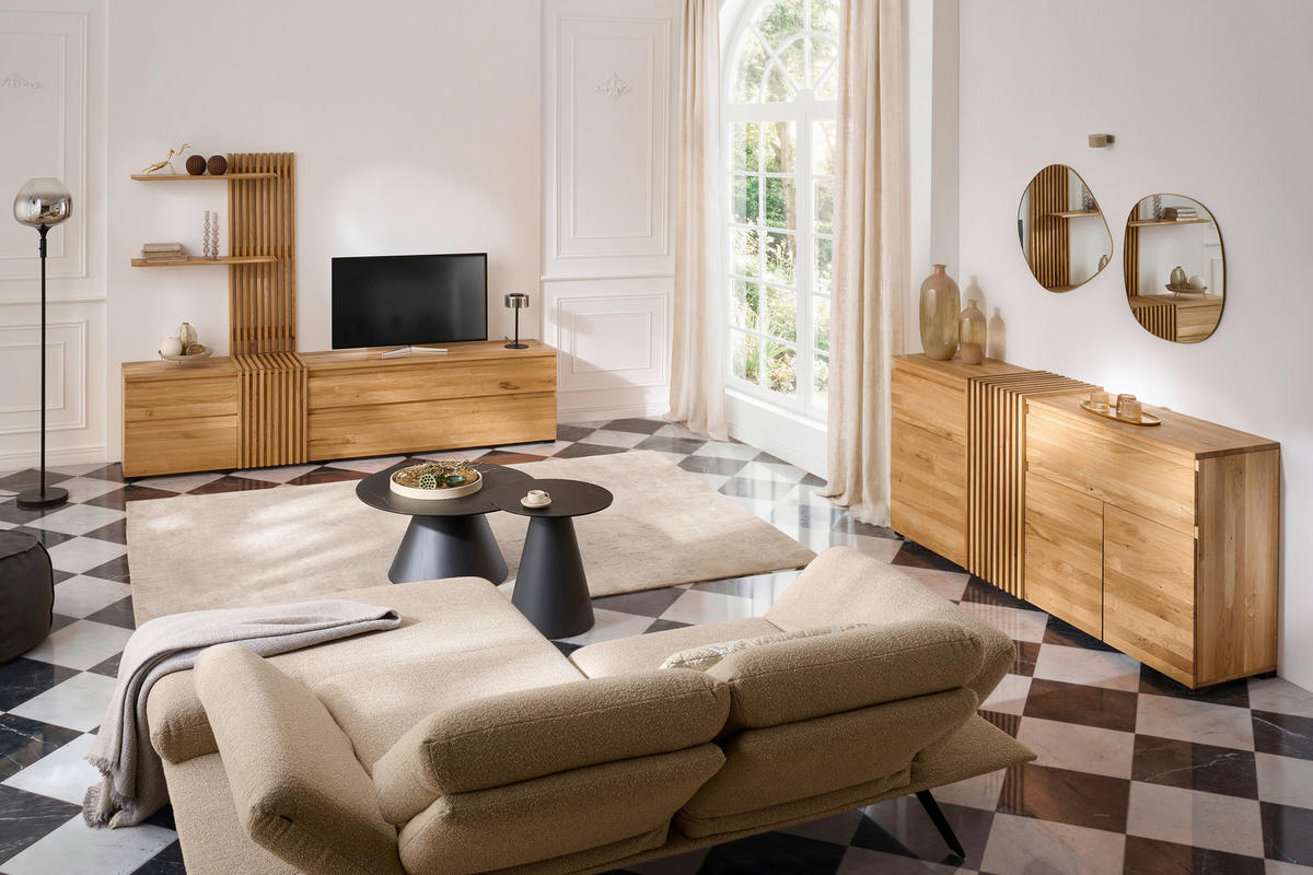 WOHNWAND  in Eichefarben  248,8/175,3/44 cm  - Eichefarben/Schwarz, Natur, Holz (248,8/175,3/44cm) - Linea Natura