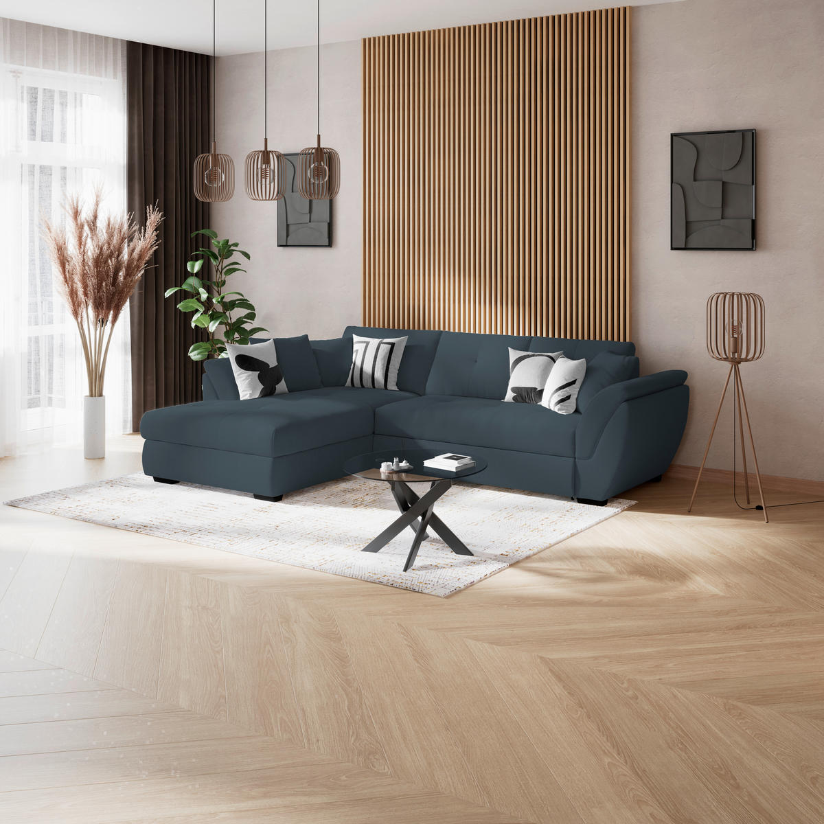 ECKSOFA Blau Zierkissen, Bettkasten, Schlaffunktion, Rücken echt  - Blau/Schwarz, KONVENTIONELL, Kunststoff/Textil (187/278cm) - MID.YOU